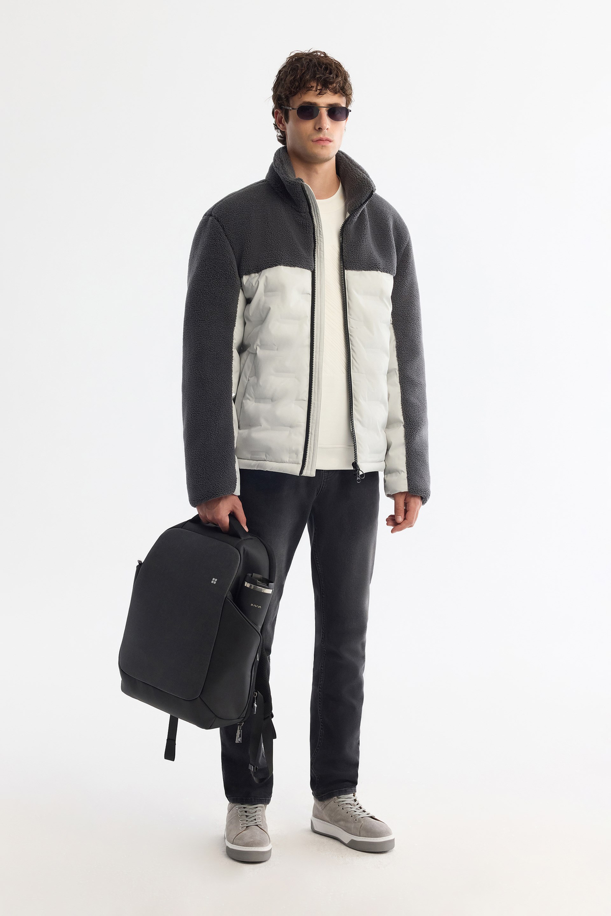Grey Windproof Fleece Detail Padded Jacket