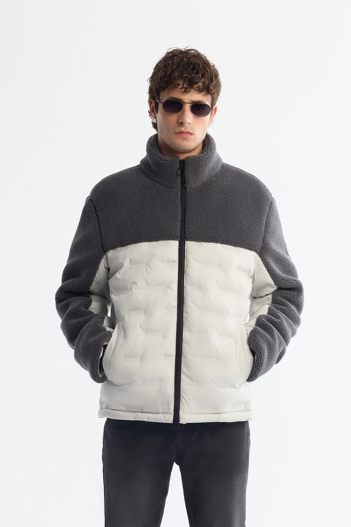 Grey Windproof Fleece Detail Padded Jacket