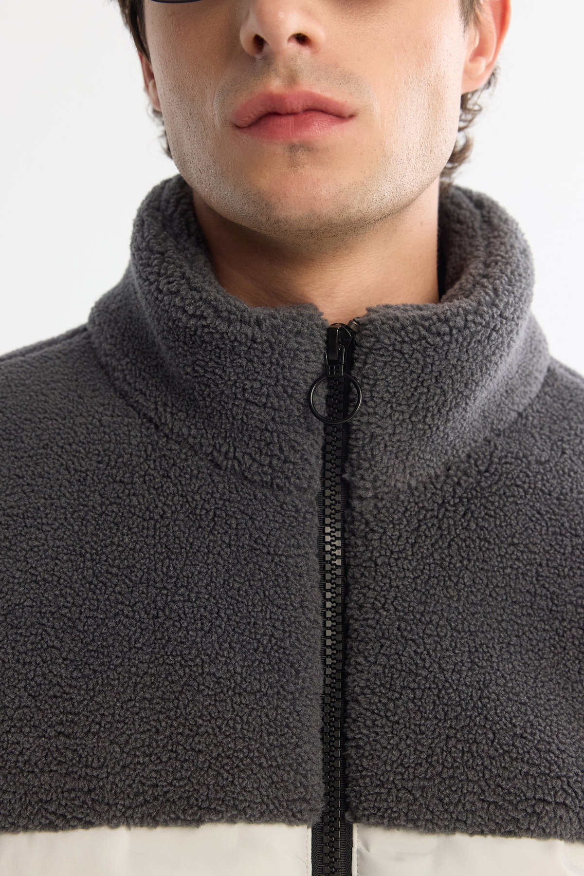 Grey Windproof Fleece Detail Padded Jacket