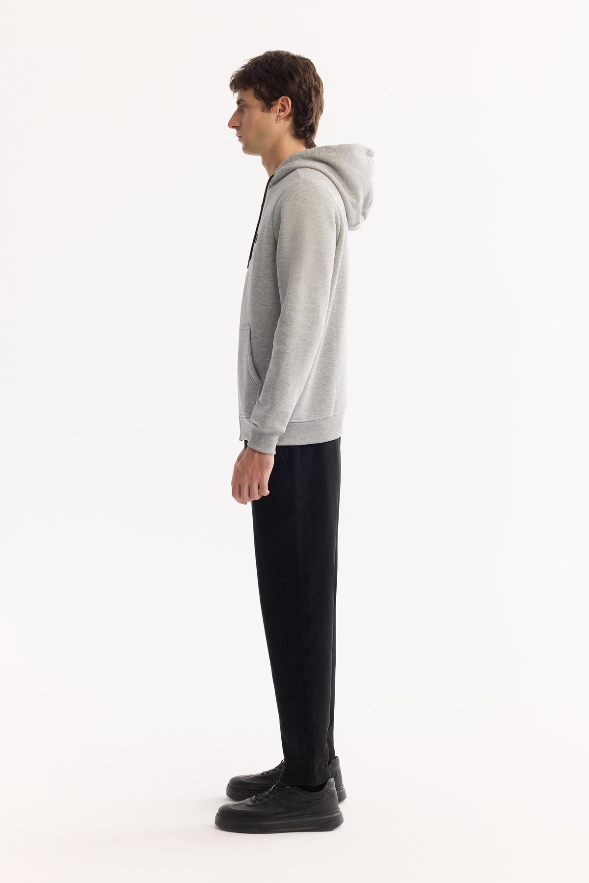 Gri Kapüşonlu 3 İplik Şardonlu Fermuarlı Sweatshirt