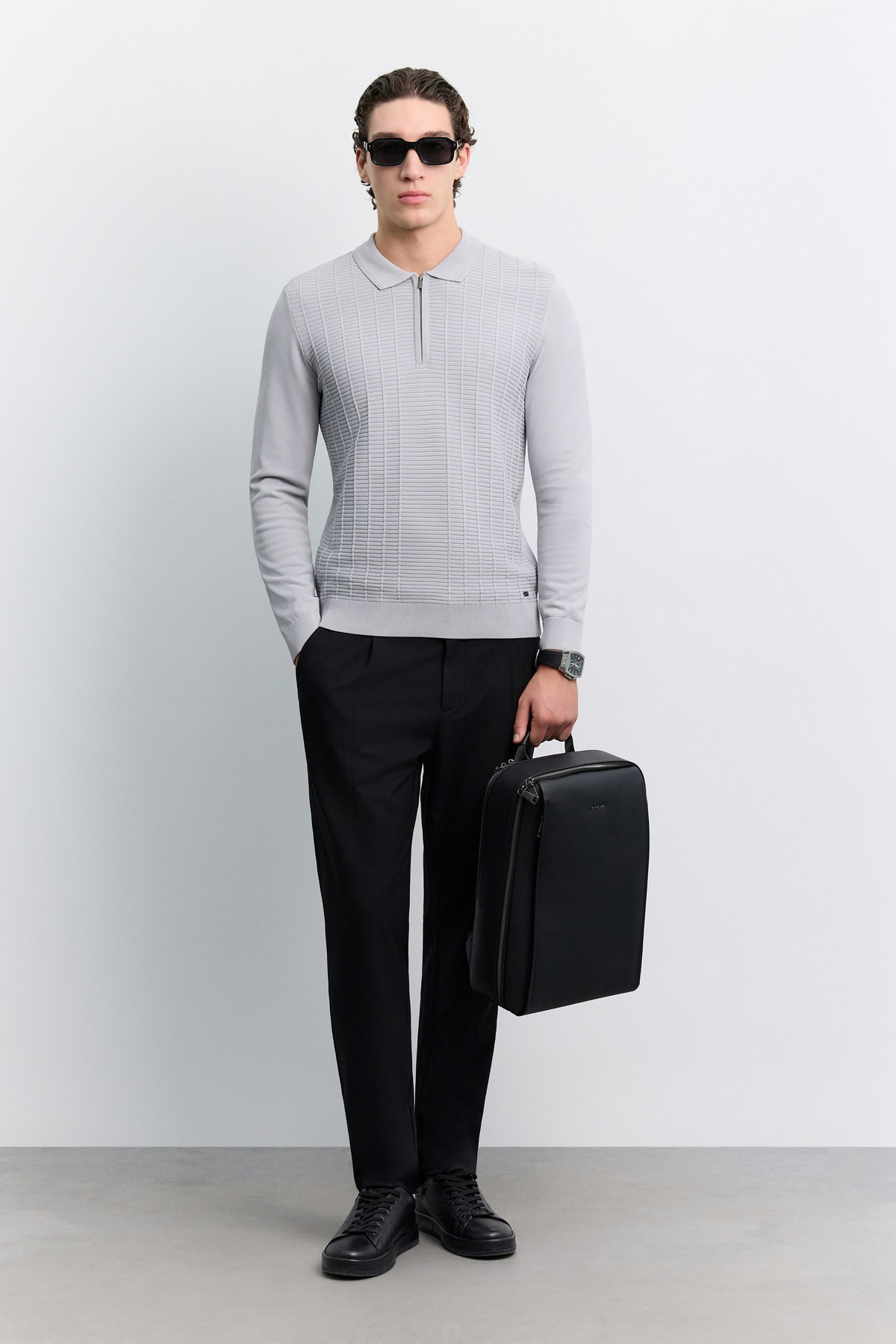Gri Polo Polo Yaka Fermuarlı Rayon Karışımlı Kazak