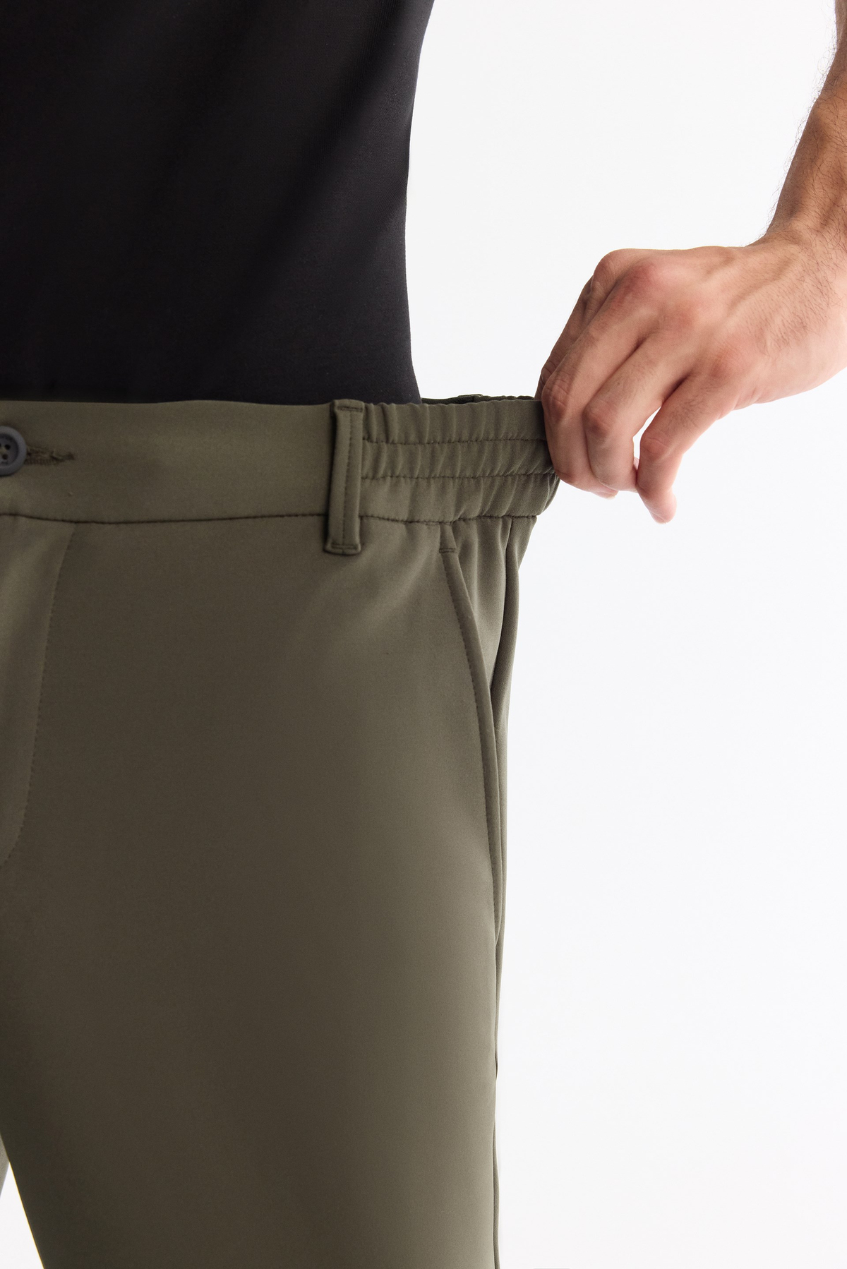 Haki Kırışmaz Hızlı Kuruyan Beli Lastikli Ekstra Esnek Teknik Kumaş Pantolon