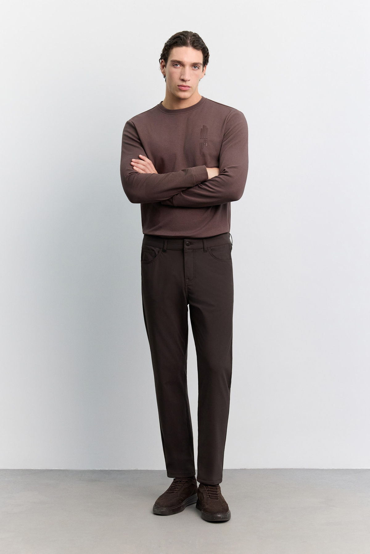 Kahve 5 Cep Teknik Comfort Slim Fit Pantolon