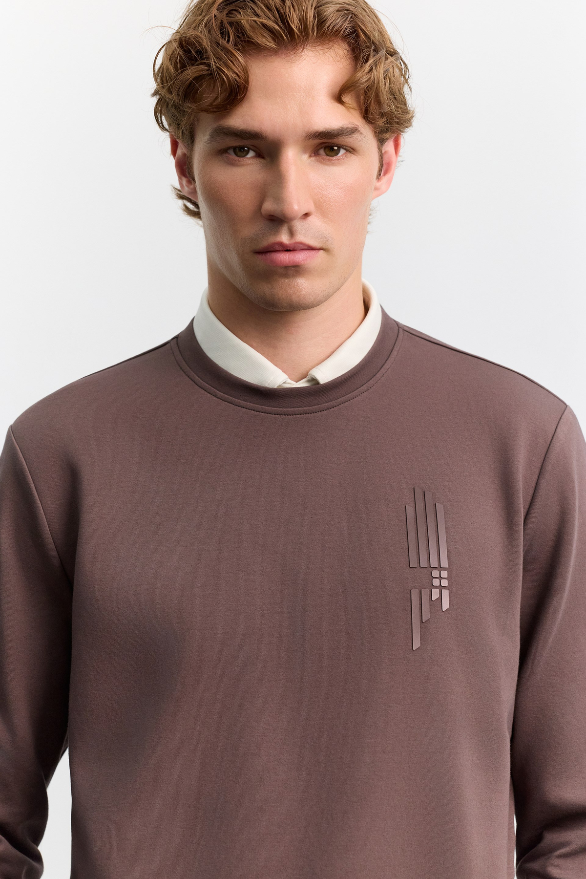 Kahve Bisiklet Yaka Boyuna Çizgi Silikon Baskılı İnterlok Sweatshirt