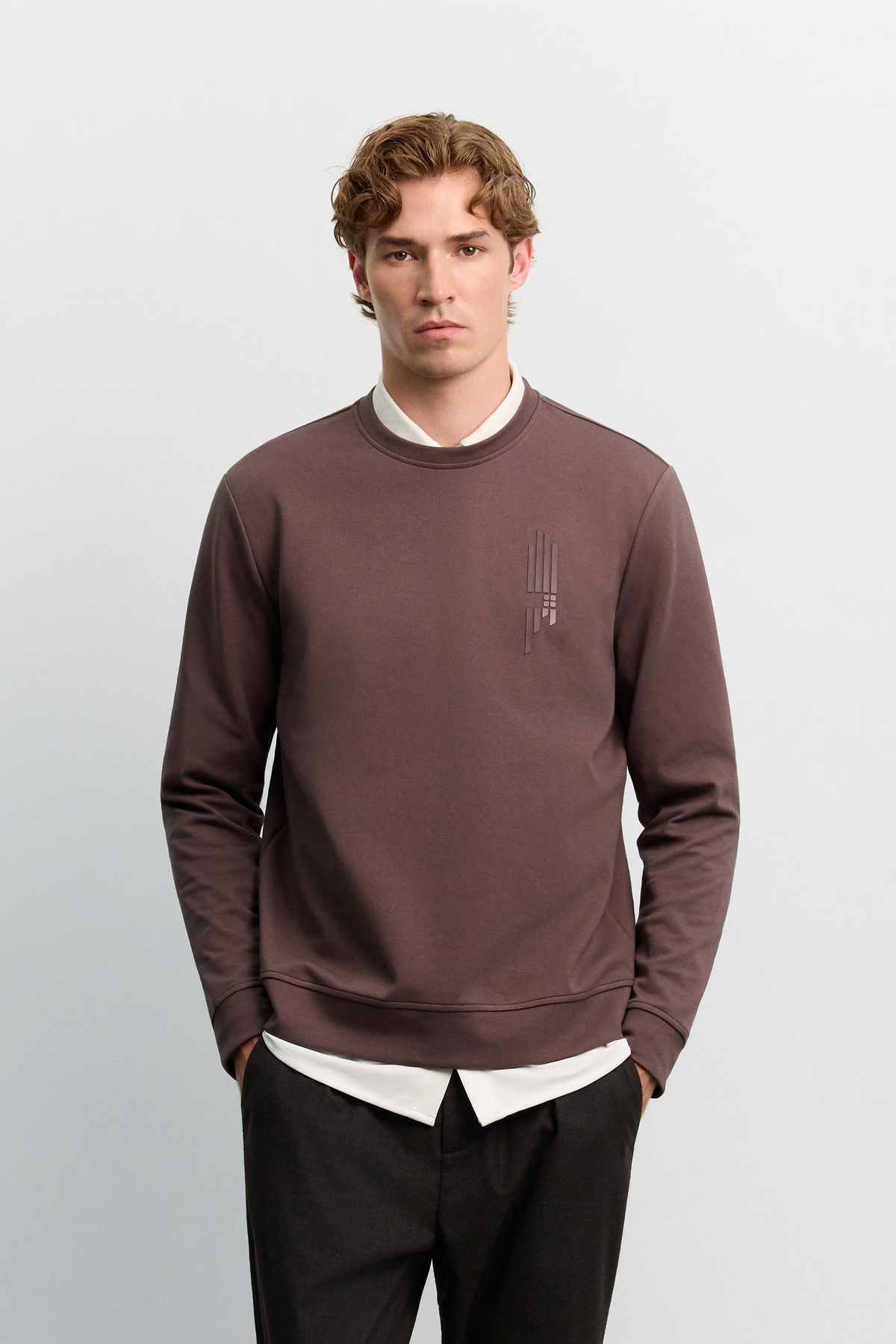 Kahve Bisiklet Yaka Boyuna Çizgi Silikon Baskılı İnterlok Sweatshirt