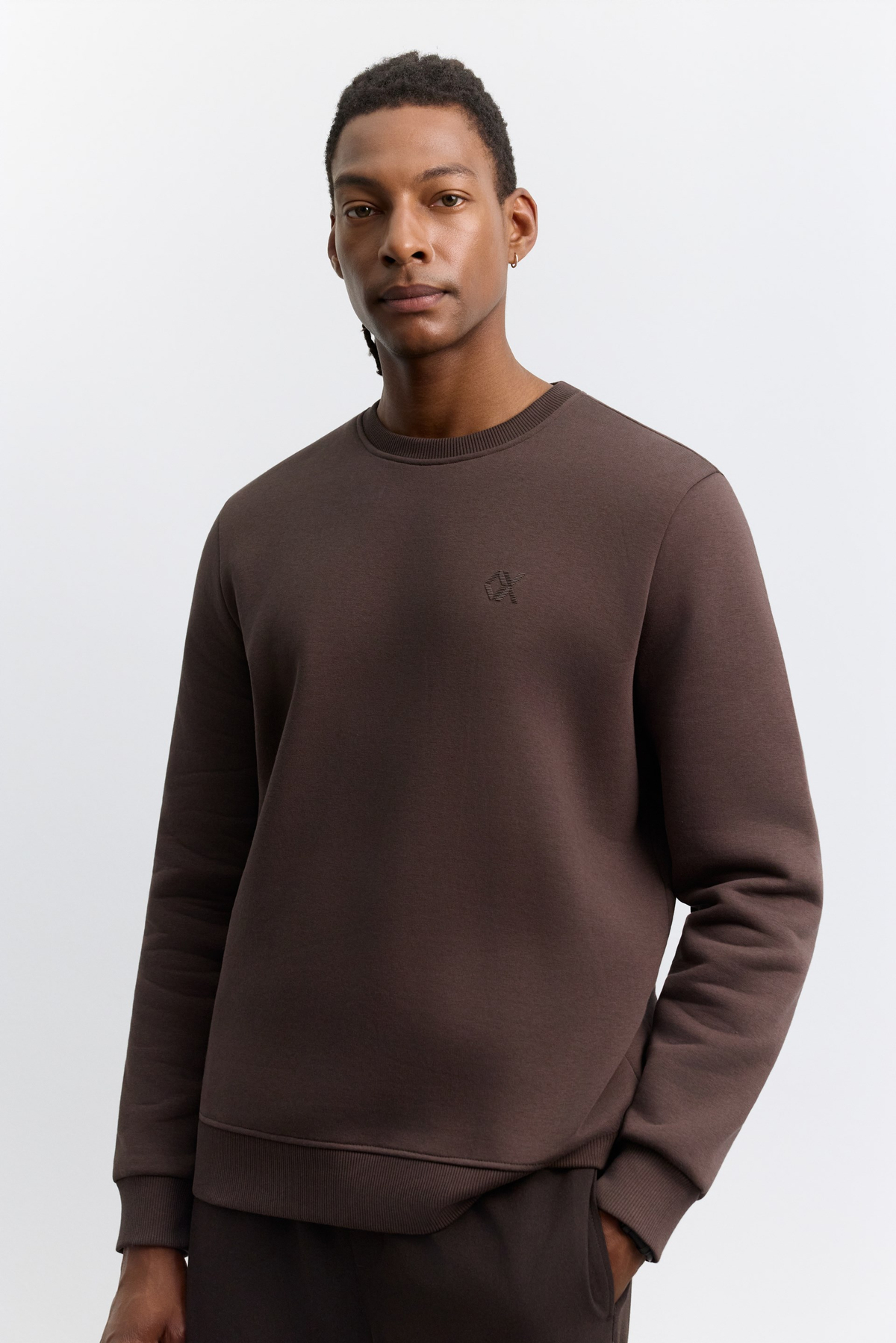 Kahve Bisiklet Yaka Enjeksiyon Baskılı 3 İplik Şardonlu Sweatshirt