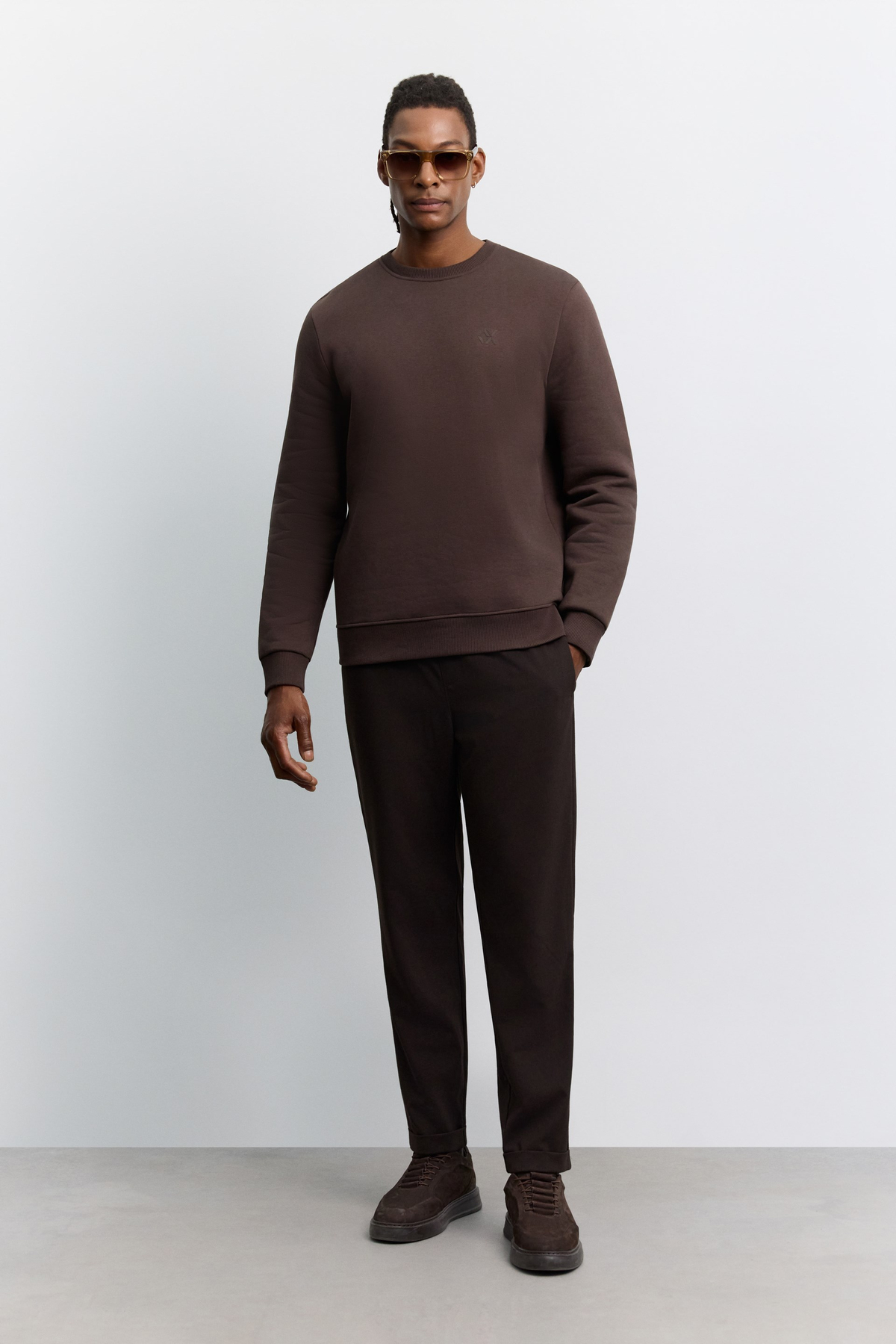Kahve Bisiklet Yaka Enjeksiyon Baskılı 3 İplik Şardonlu Sweatshirt