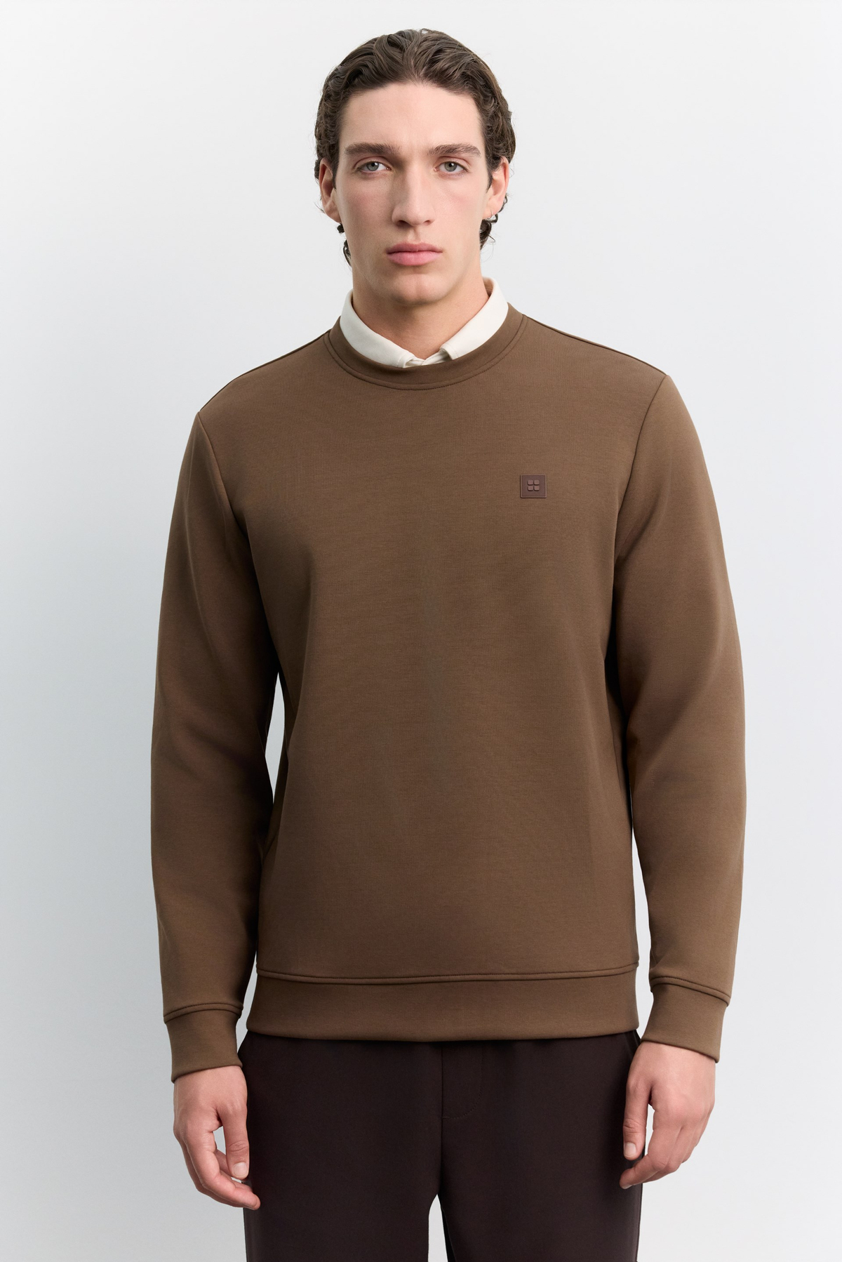 Kahve Bisiklet Yaka Göğüs Rubber  Logolu İnterlok Sweatshirt