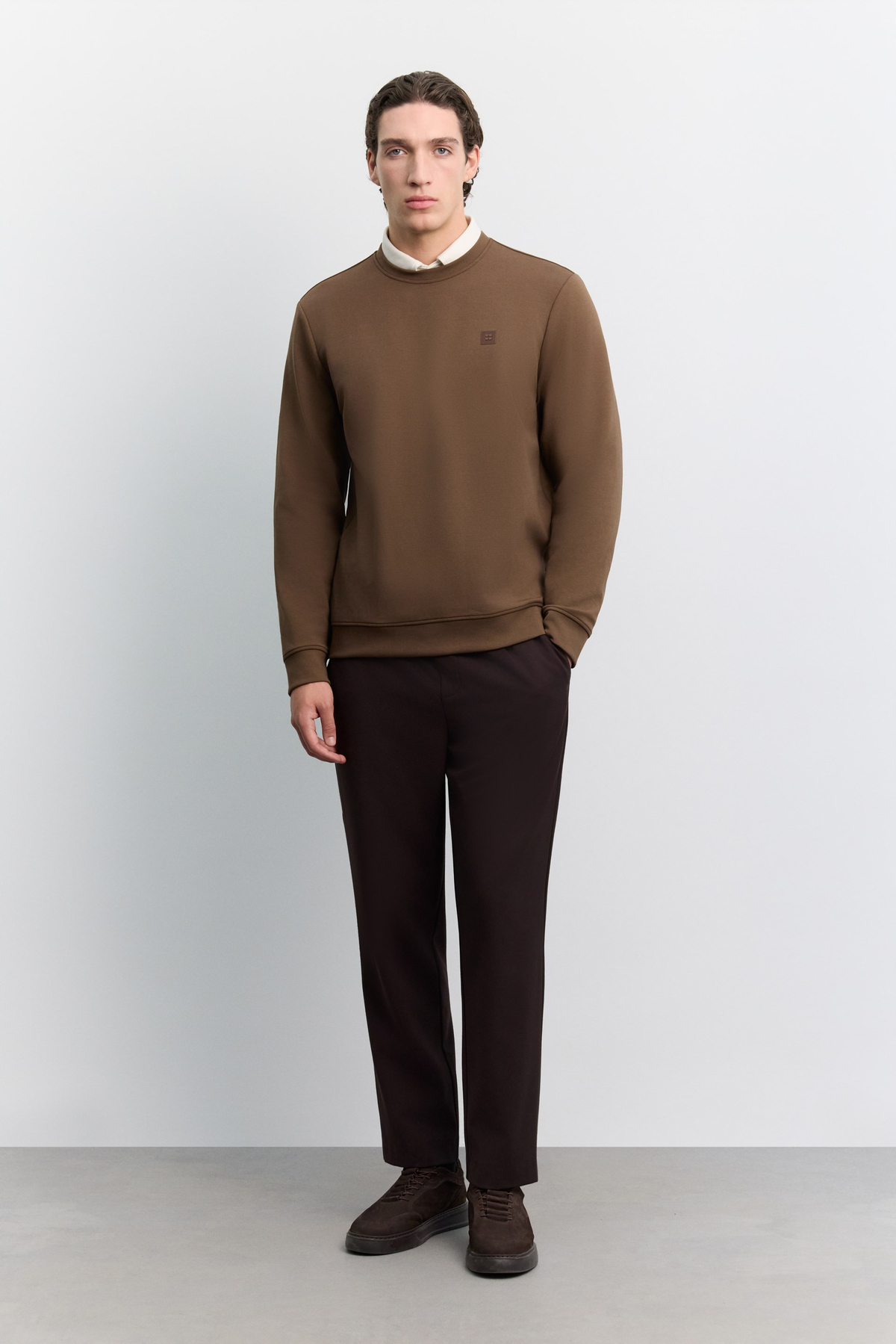 Kahve Bisiklet Yaka Göğüs Rubber  Logolu İnterlok Sweatshirt