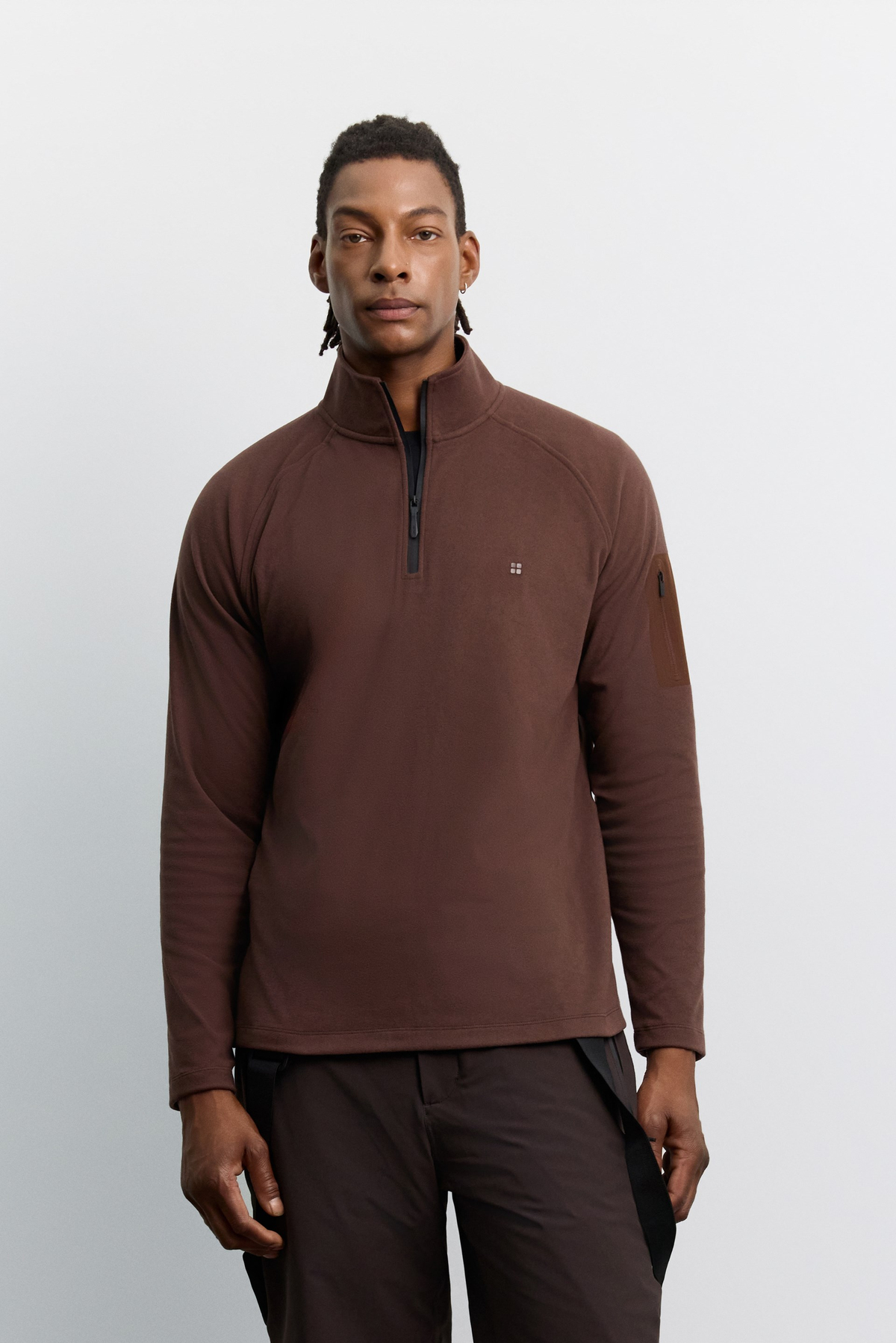 Kahve Dik Yaka Fermuarlı  Polar Sweatshirt