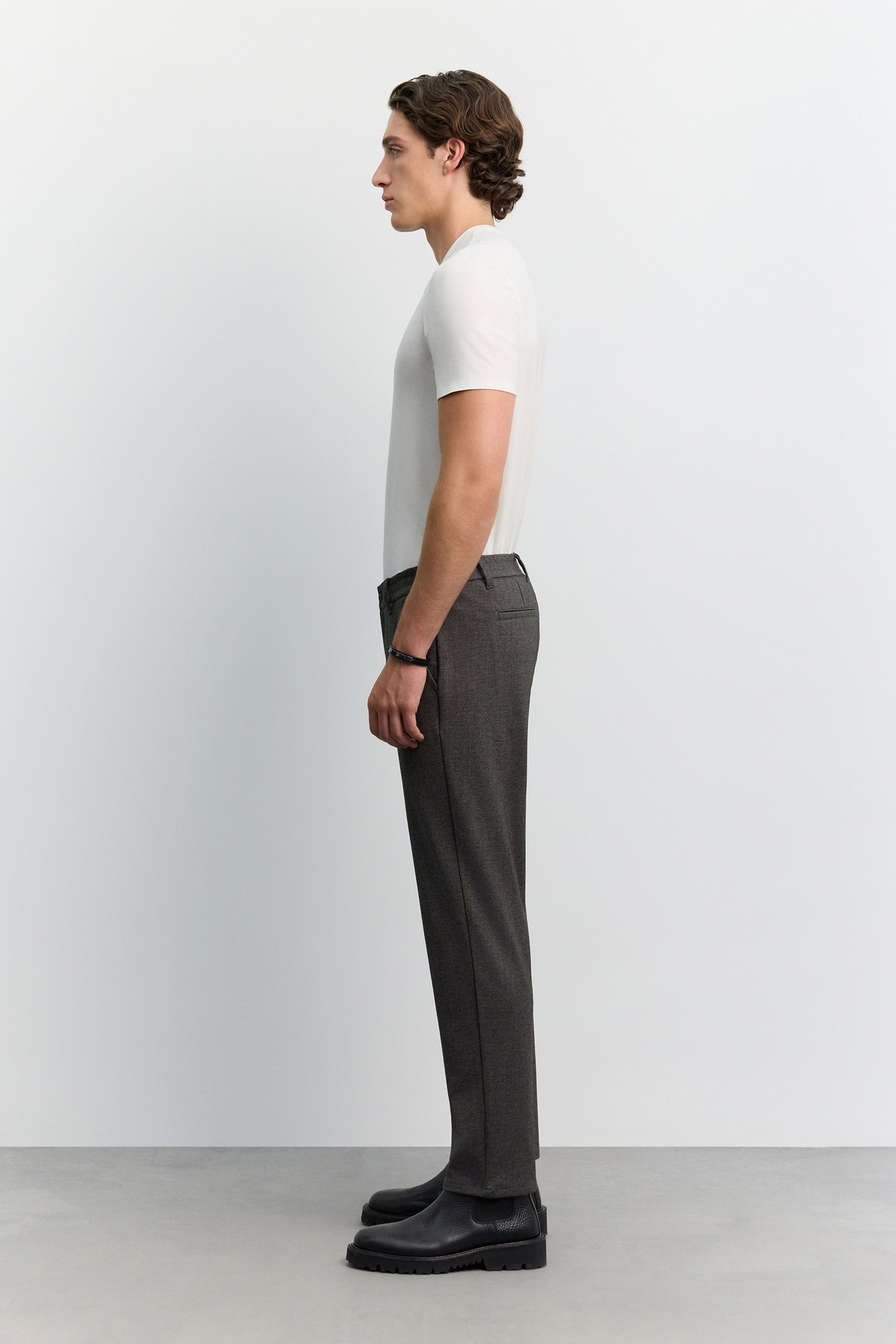 Kahve Kazayağı Desenli Yanı Lastikli Relaxed Fit Pantolon