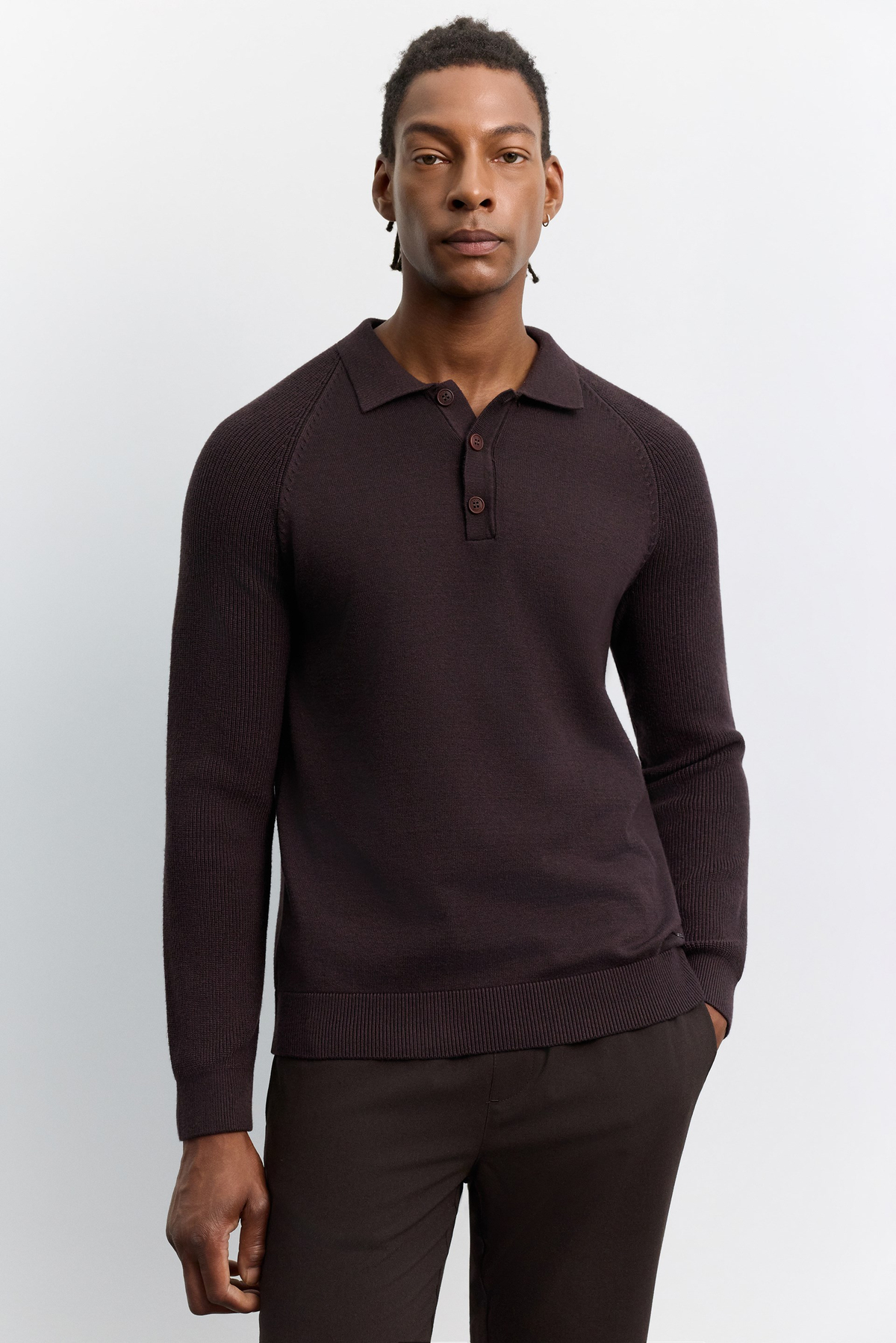 Kahve Polo Yaka Düğmeli, Kol Örgü Detaylı Reglan Soft Touch Kazak