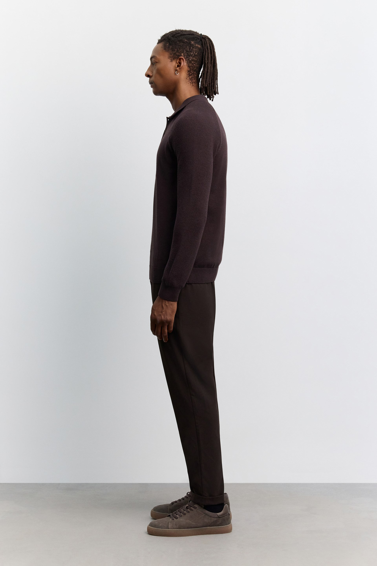 Kahve Polo Yaka Düğmeli, Kol Örgü Detaylı Reglan Soft Touch Kazak