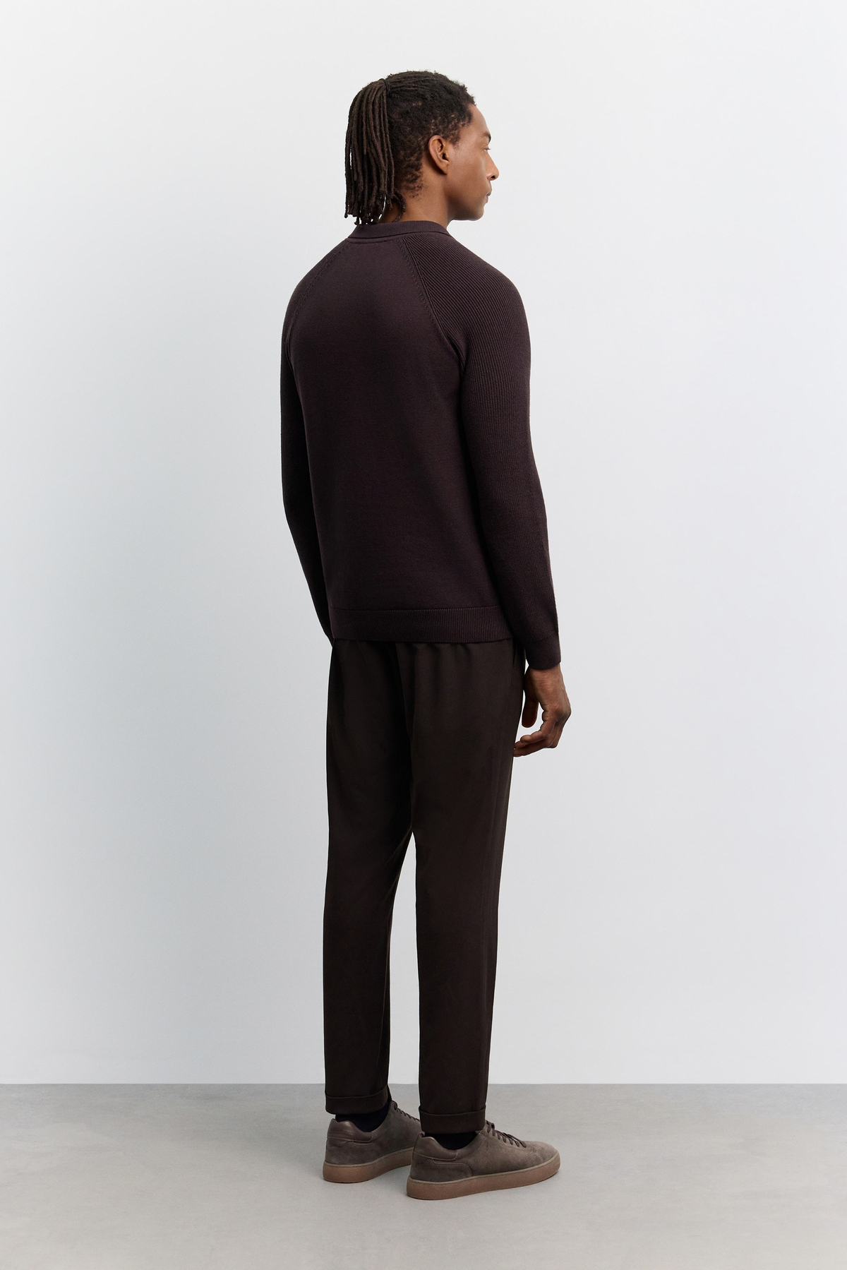 Kahve Polo Yaka Düğmeli, Kol Örgü Detaylı Reglan Soft Touch Kazak