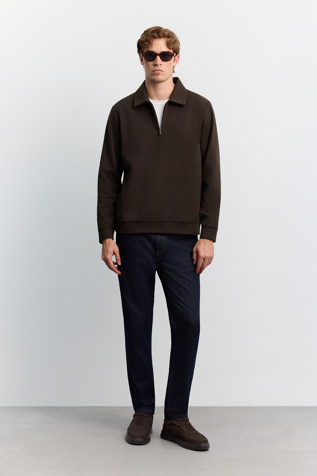 Kahve Polo Yaka Fermuarlı Diyagonel İçi Şardonlu İnterlok Sweatshirt