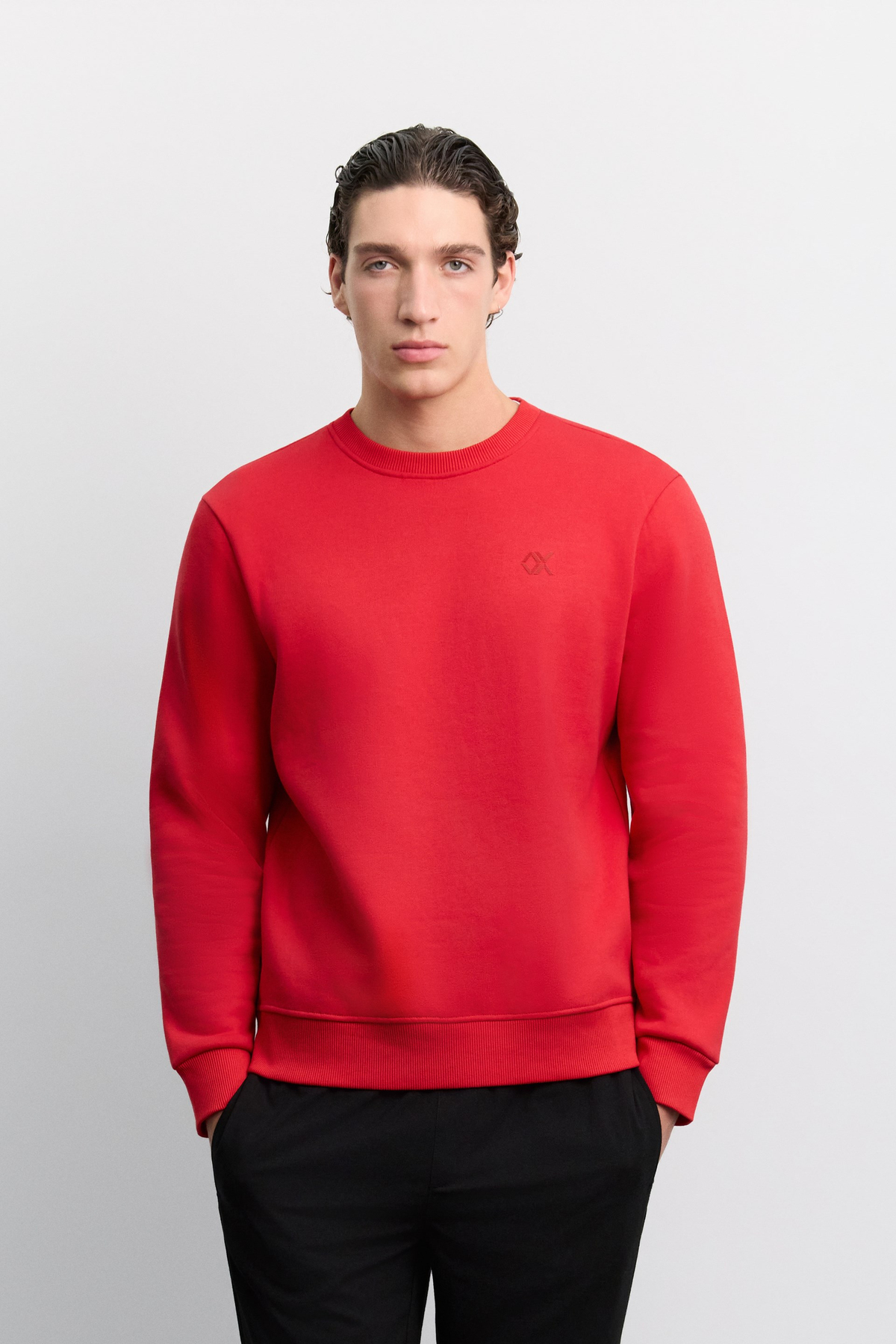 Kırmızı Bisiklet Yaka Enjeksiyon Baskılı 3 İplik Şardonlu Sweatshirt
