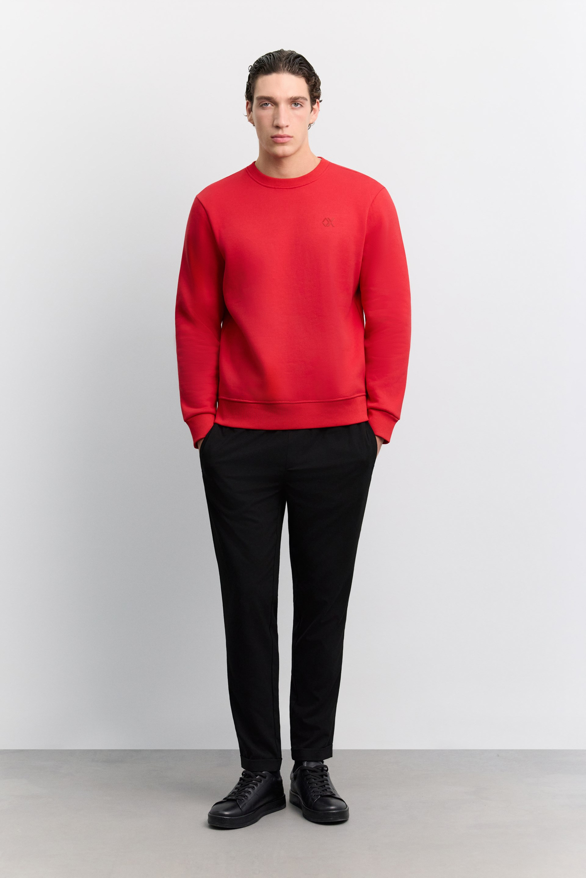 Kırmızı Bisiklet Yaka Enjeksiyon Baskılı 3 İplik Şardonlu Sweatshirt