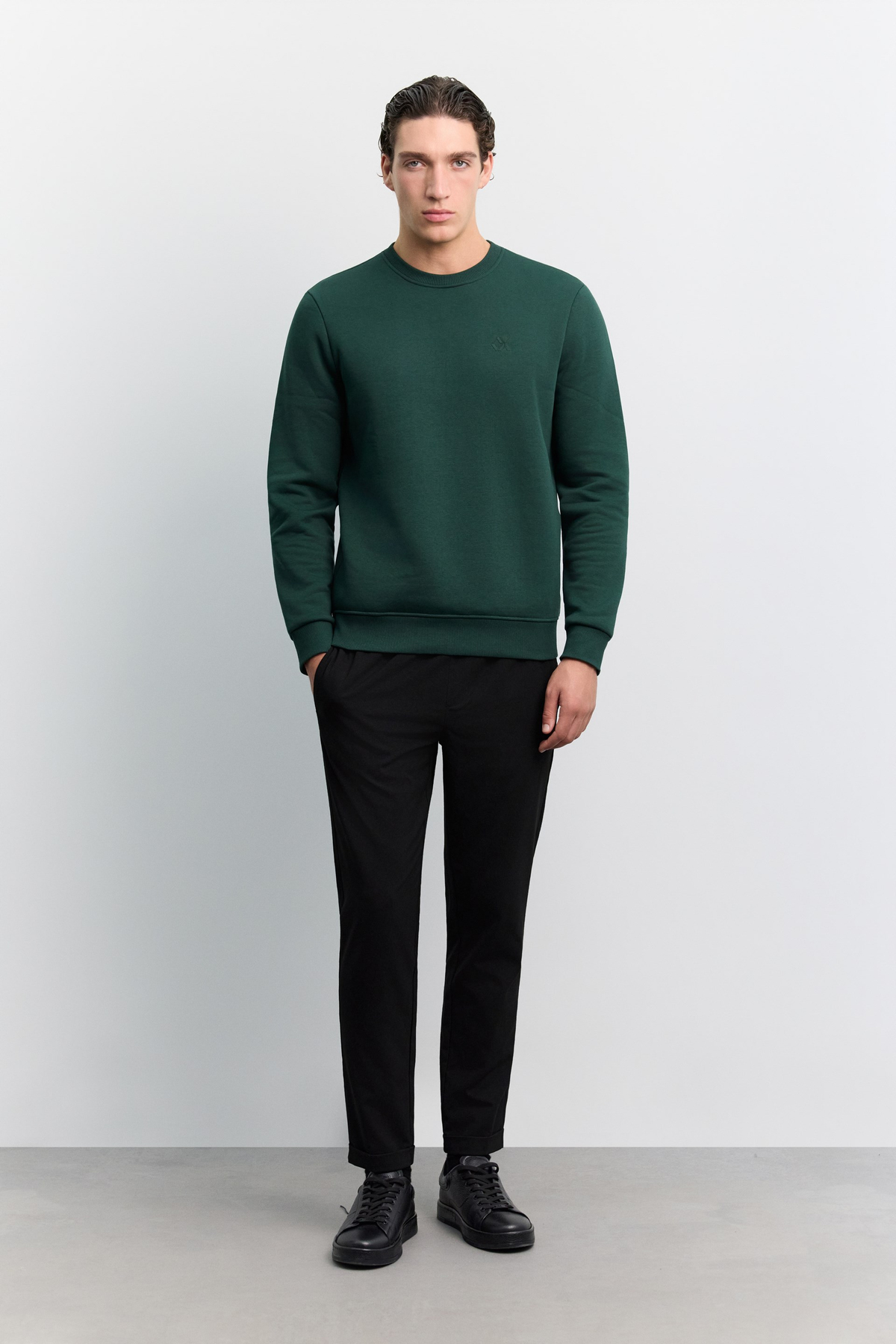 Koyu Yeşil Bisiklet Yaka Enjeksiyon Baskılı 3 İplik Şardonlu Sweatshirt
