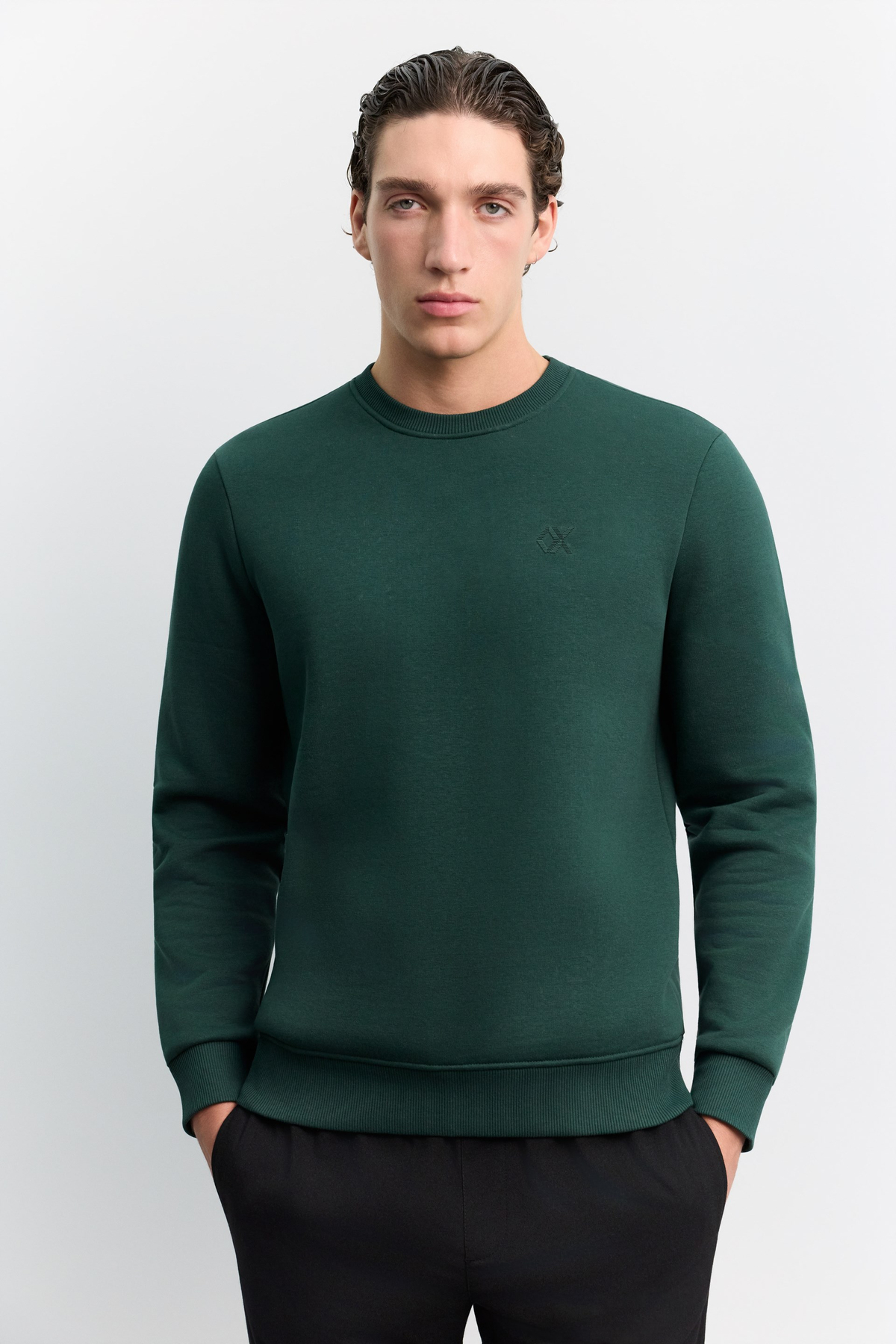 Koyu Yeşil Bisiklet Yaka Enjeksiyon Baskılı 3 İplik Şardonlu Sweatshirt