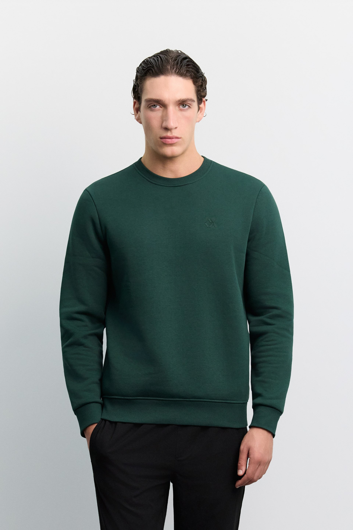 Koyu Yeşil Bisiklet Yaka Enjeksiyon Baskılı 3 İplik Şardonlu Sweatshirt