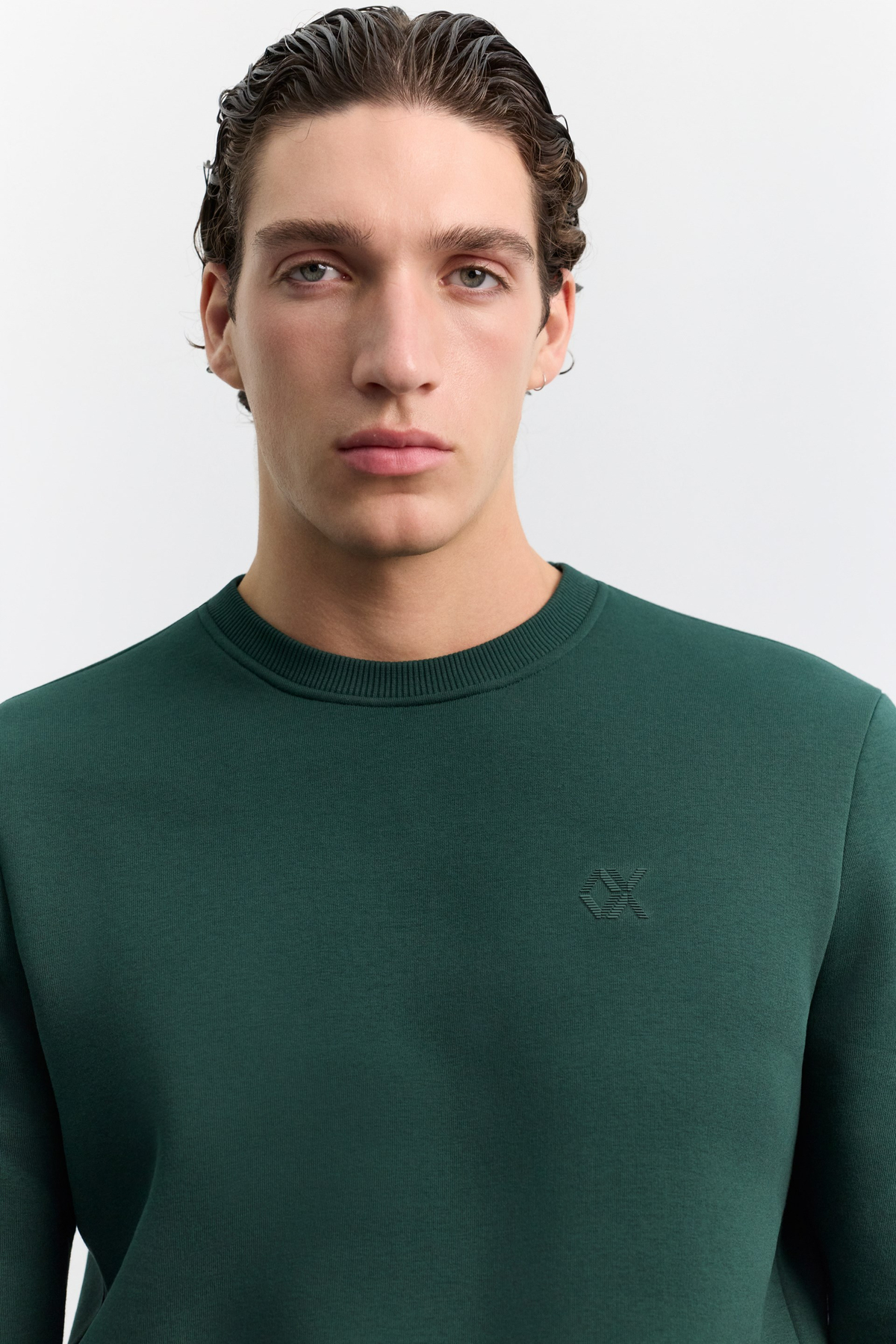 Koyu Yeşil Bisiklet Yaka Enjeksiyon Baskılı 3 İplik Şardonlu Sweatshirt