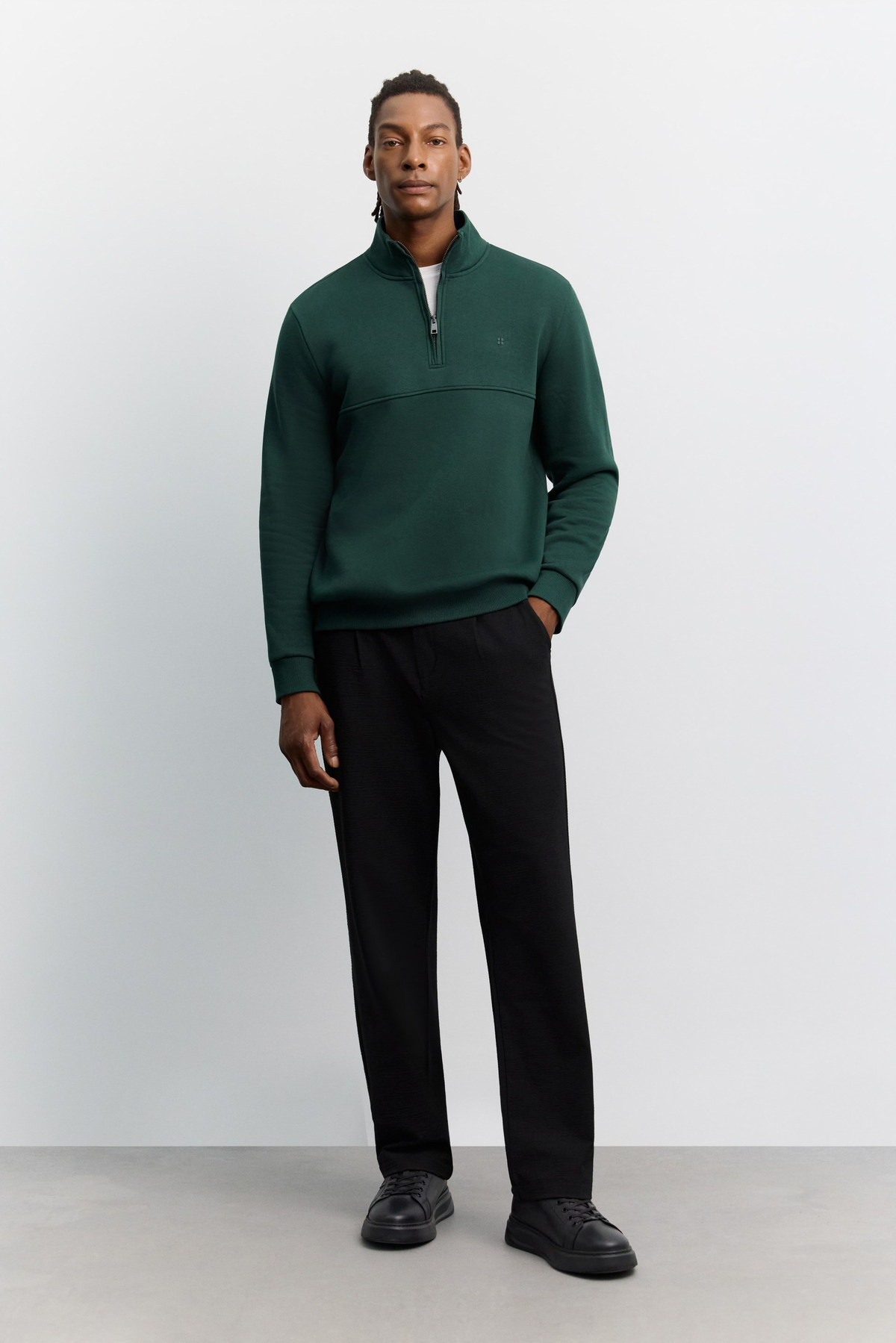 Koyu Yeşil Dik Yaka Fermuarlı 3 İplik Şardonlu Sweatshirt