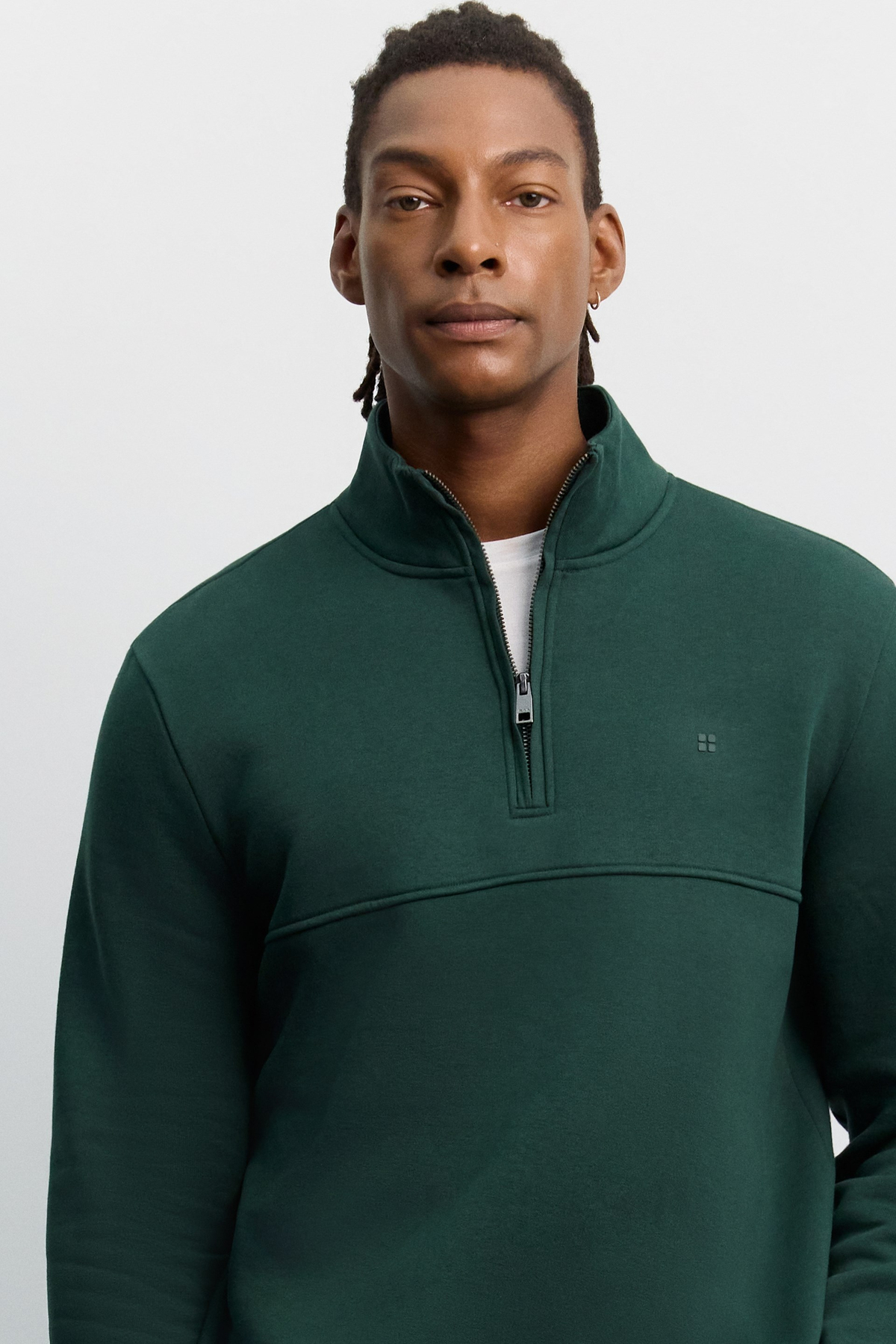 Koyu Yeşil Dik Yaka Fermuarlı 3 İplik Şardonlu Sweatshirt