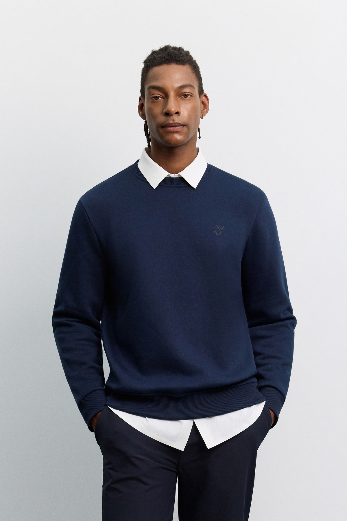 Lacivert Bisiklet Yaka Enjeksiyon Baskılı 3 İplik Şardonlu Sweatshirt