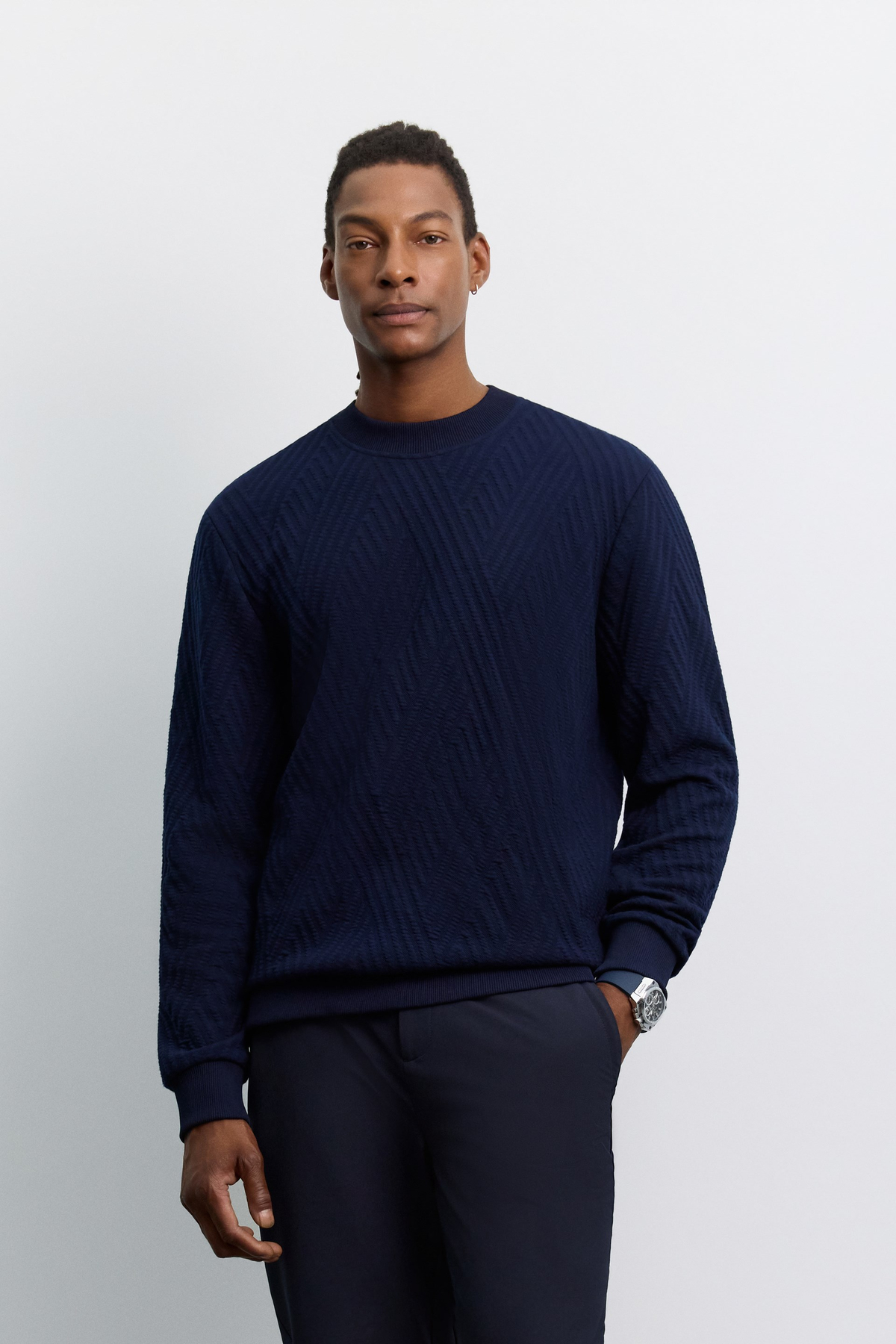 Lacivert Bisiklet Yaka Kolay Ütülenen Jakarlı Sweatshirt