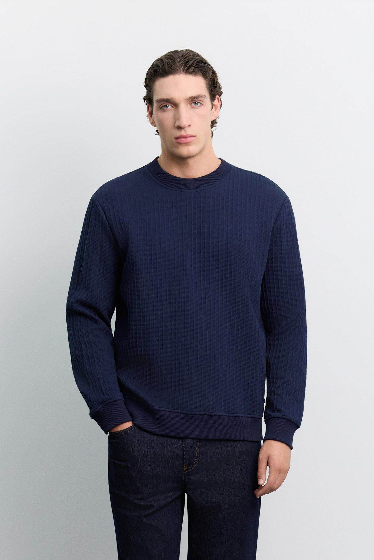 Lacivert Bisiklet Yaka Kolay Ütülenen Jakarlı Sweatshirt