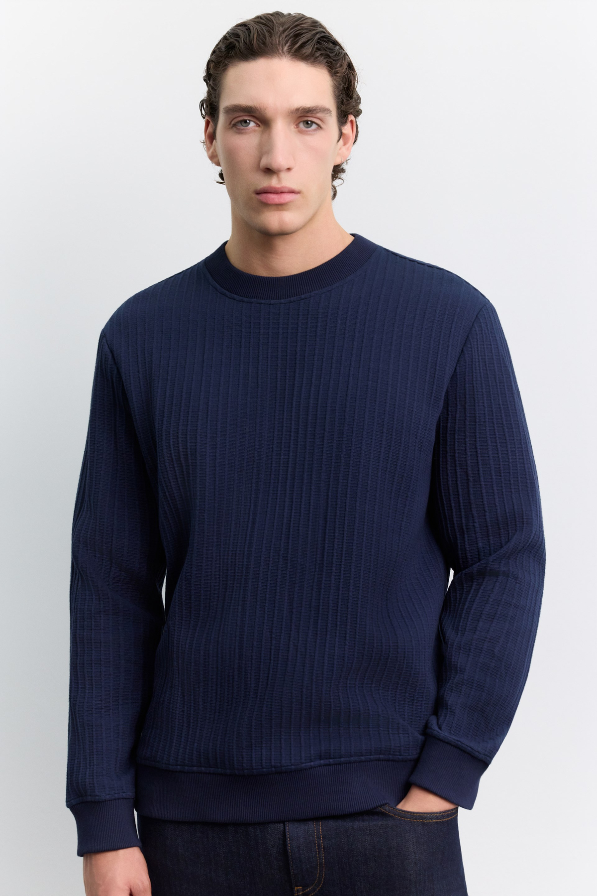 Lacivert Bisiklet Yaka Kolay Ütülenen Jakarlı Sweatshirt