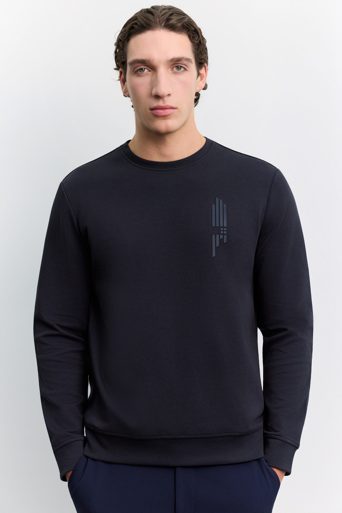 Lacivert Bisiklet Yaka Kolay Ütülenen Baskılı Pamuklu Sweatshirt