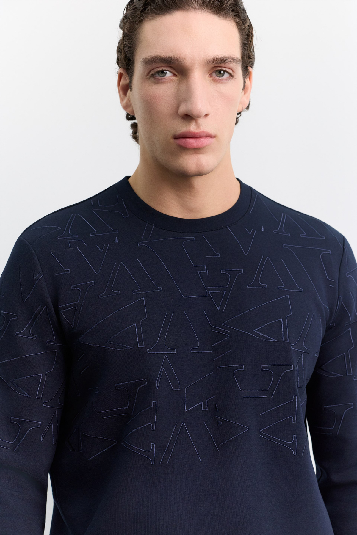 Lacivert Bisiklet Yaka Kol ve Beden Sargı Nakış İnterlok Sweatshirt