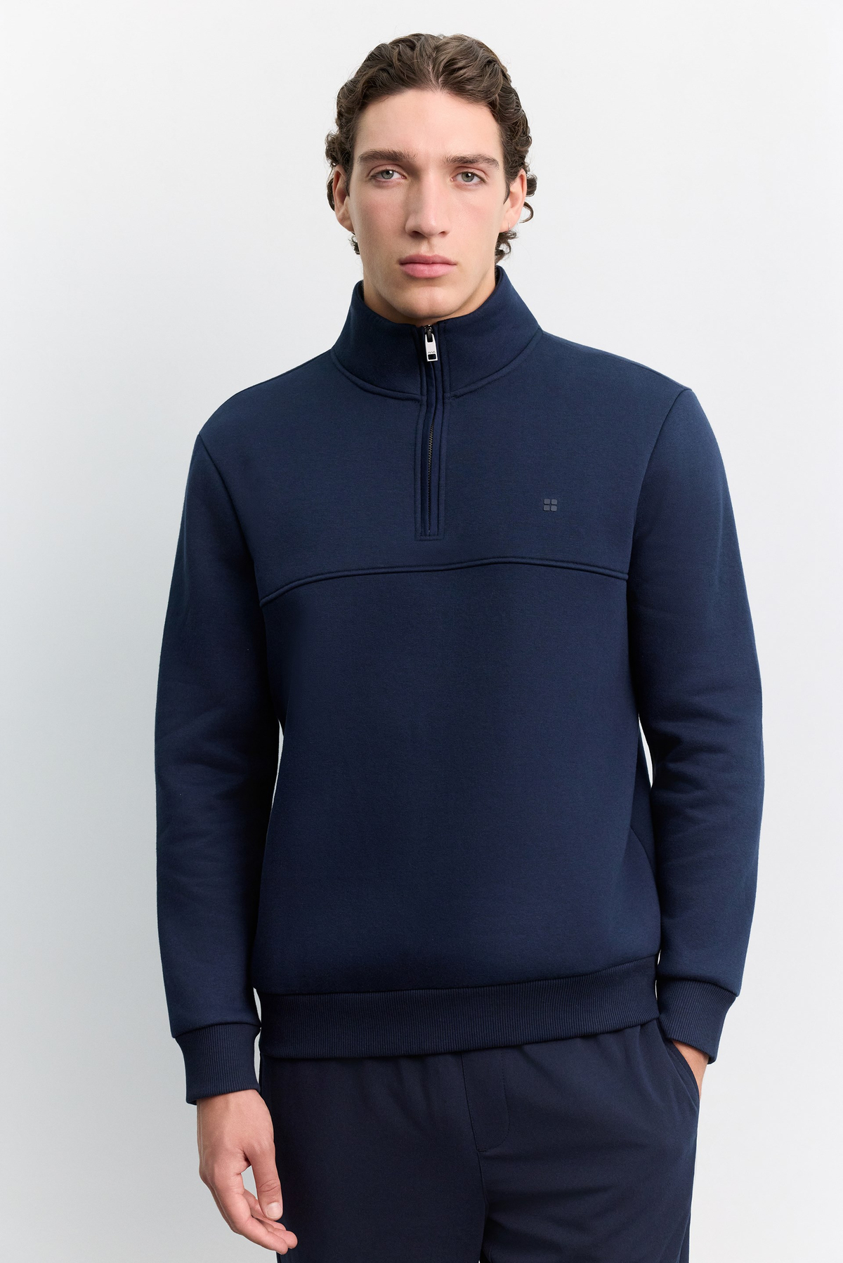 Lacivert Dik Yaka Fermuarlı 3 İplik Şardonlu Sweatshirt