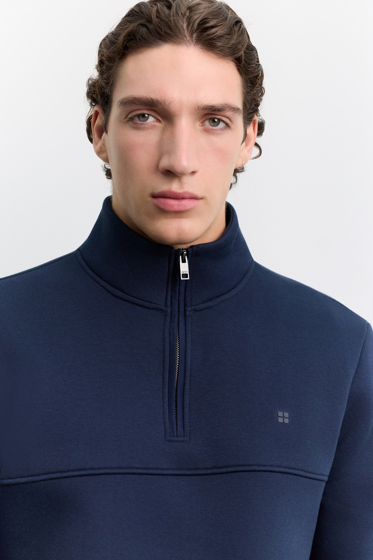 Lacivert Dik Yaka Fermuarlı 3 İplik Şardonlu Sweatshirt