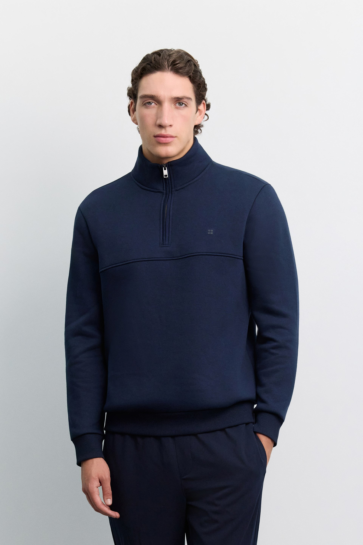 Lacivert Dik Yaka Fermuarlı 3 İplik Şardonlu Sweatshirt