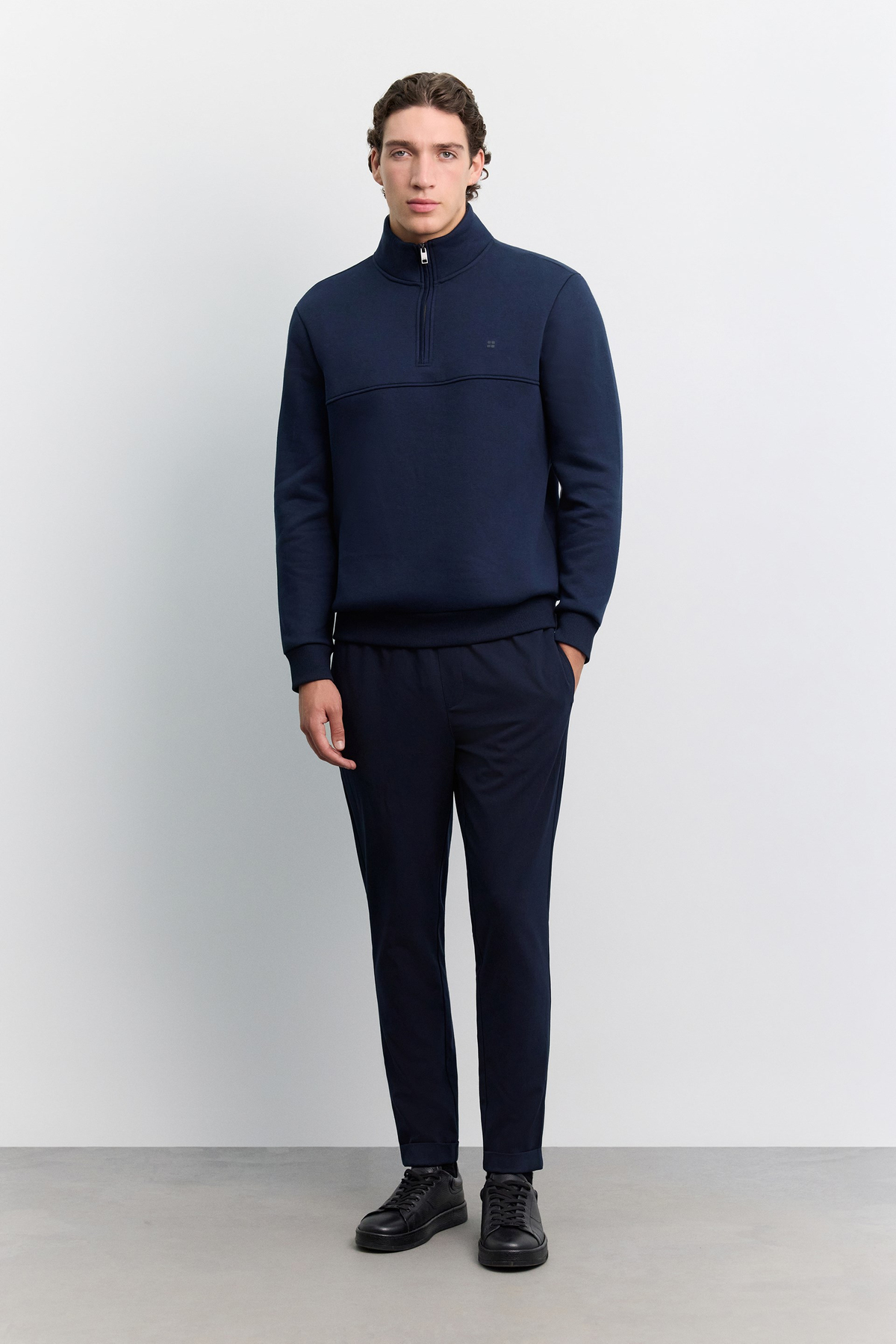 Lacivert Dik Yaka Fermuarlı 3 İplik Şardonlu Sweatshirt