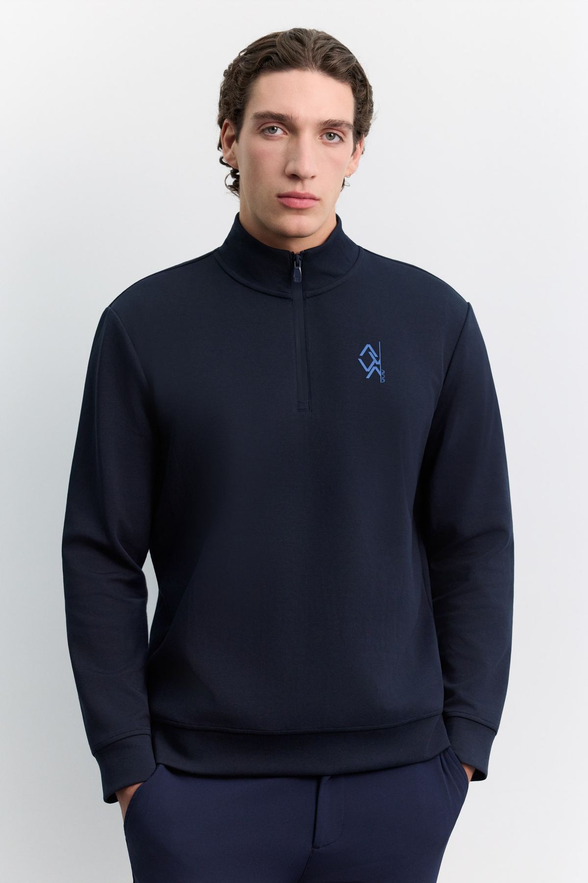 Lacivert Dik Yaka Fermuarlı Baskılı Kolay Ütülenen Pamuklu Sweatshirt