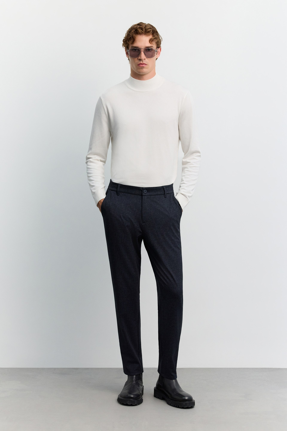 Lacivert Kazayağı Desenli Yanı Lastikli Relaxed Fit Pantolon