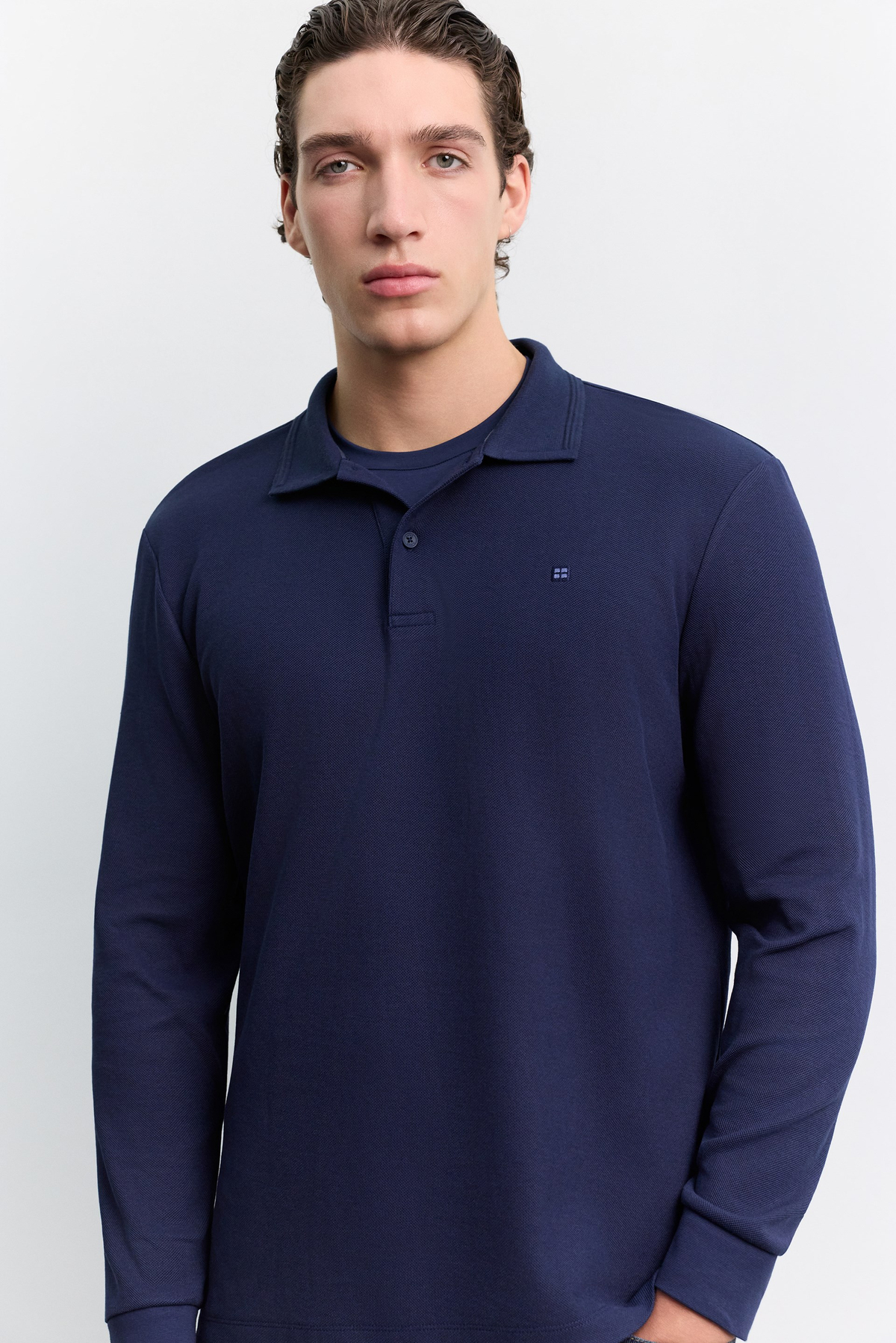 Lacivert Kıvrılmaz Polo Yaka Kolay Ütülenen Basic Sweatshirt