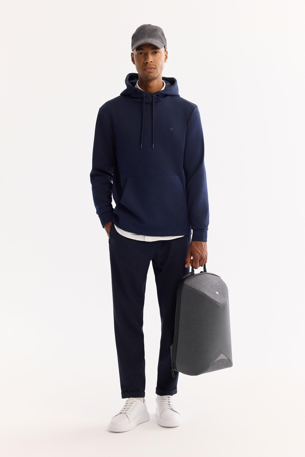 Lacivert Kapüşonlu Yaka Kanguru Cepli   İnterlok Sweatshirt