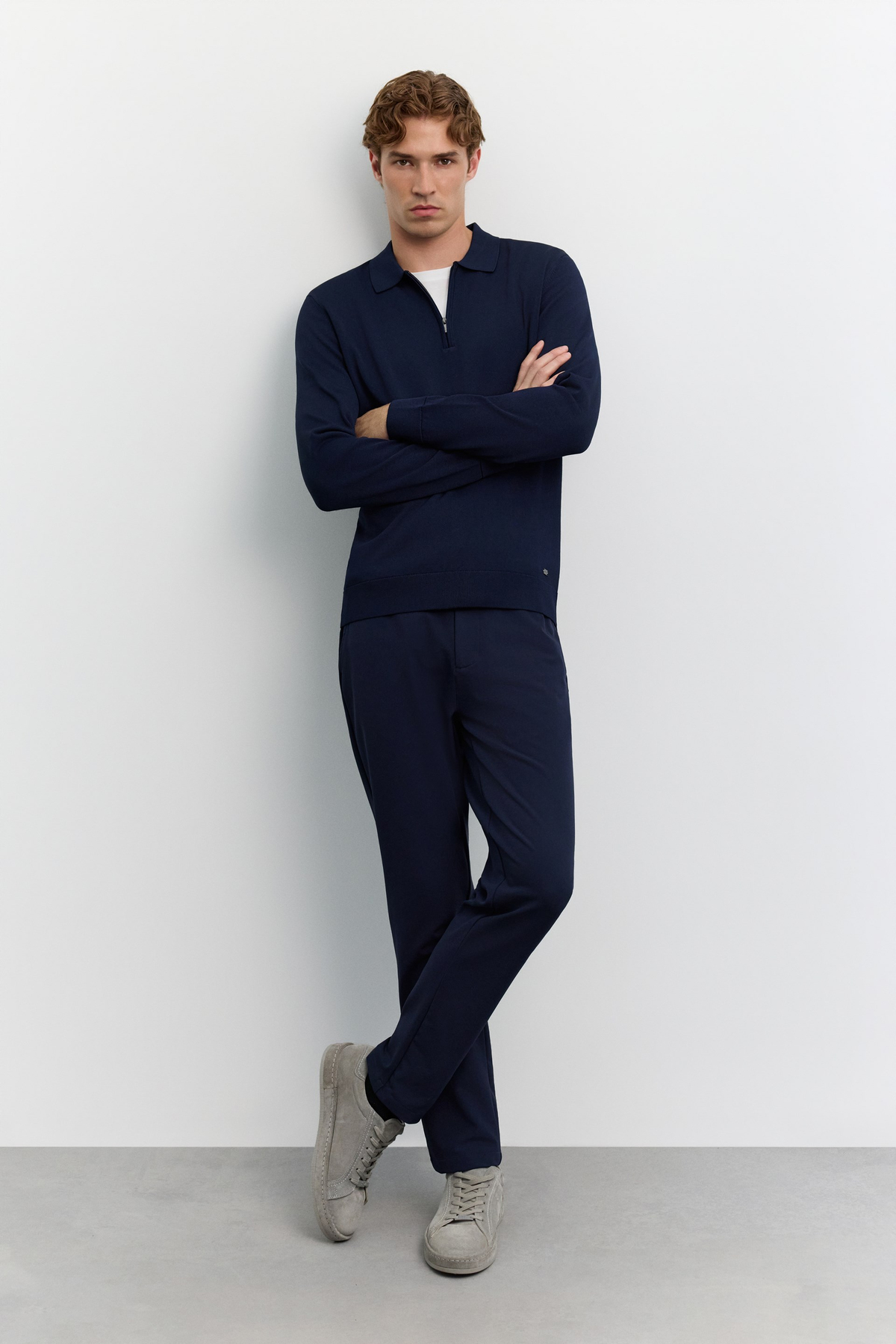 Lacivert Polo Yaka Basic Düz Rayon Kazak