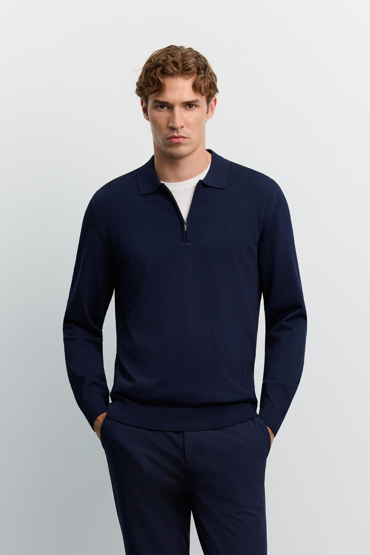 Lacivert Polo Yaka Basic Düz Rayon Kazak