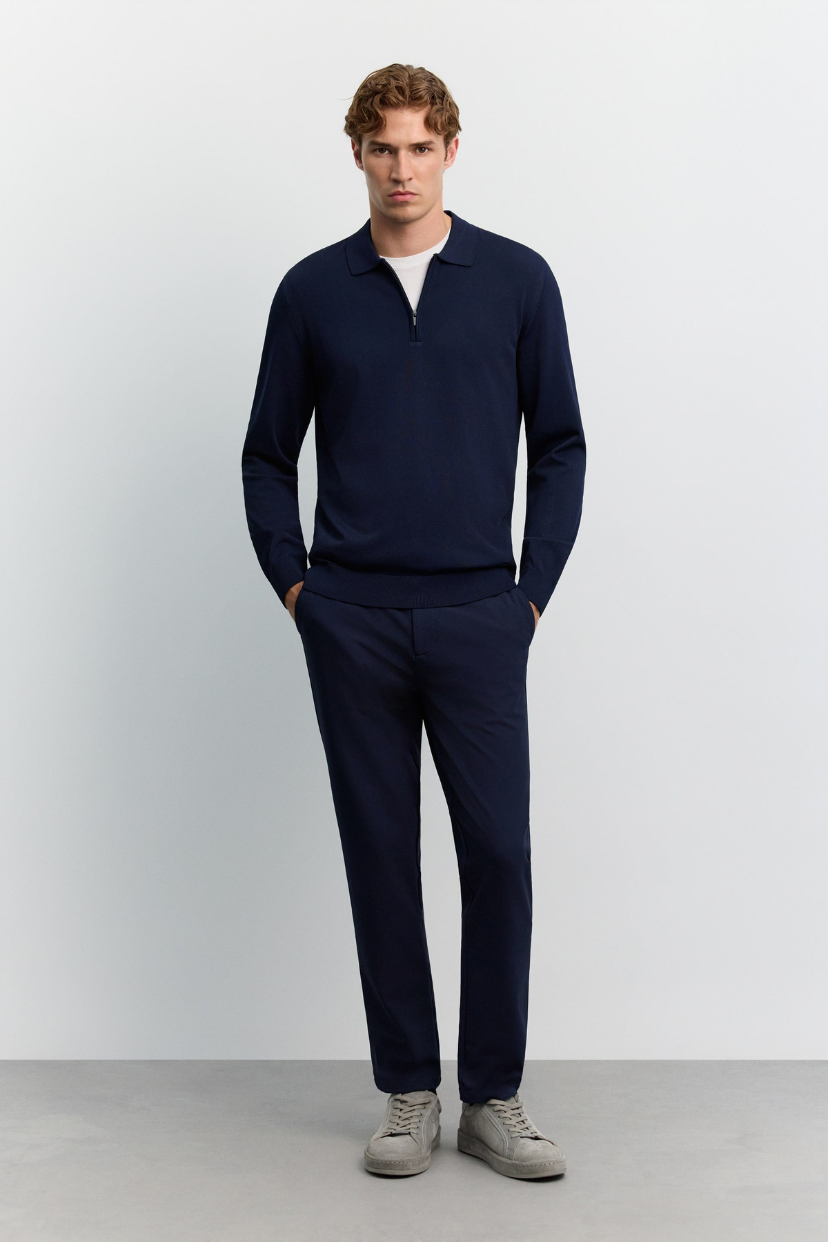 Lacivert Polo Yaka Basic Düz Rayon Kazak
