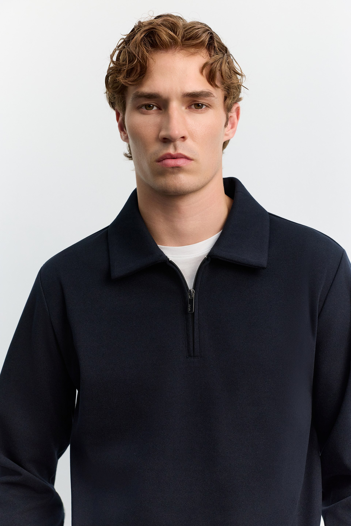 Lacivert Polo Yaka Fermuarlı Diyagonel İçi Şardonlu İnterlok Sweatshirt