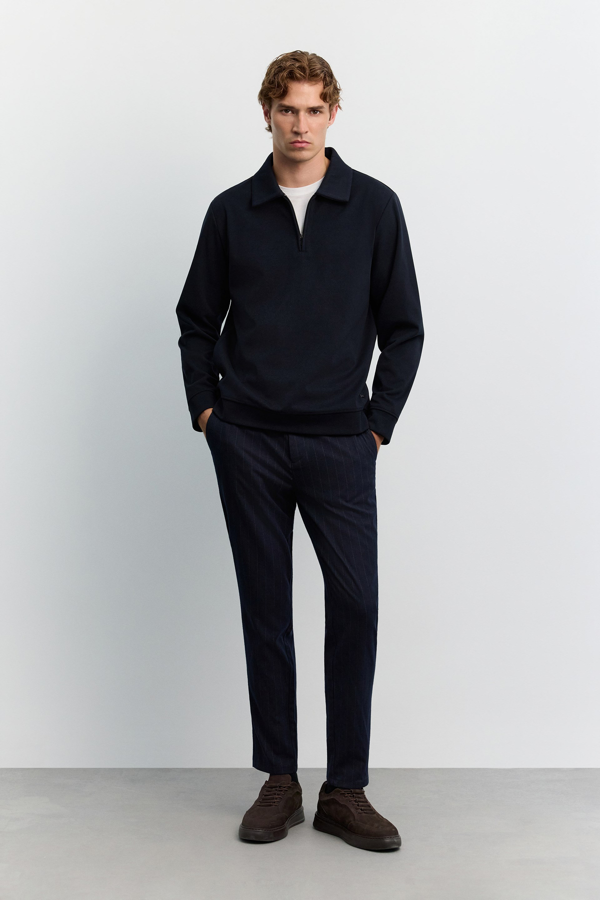 Lacivert Polo Yaka Fermuarlı Diyagonel İçi Şardonlu İnterlok Sweatshirt