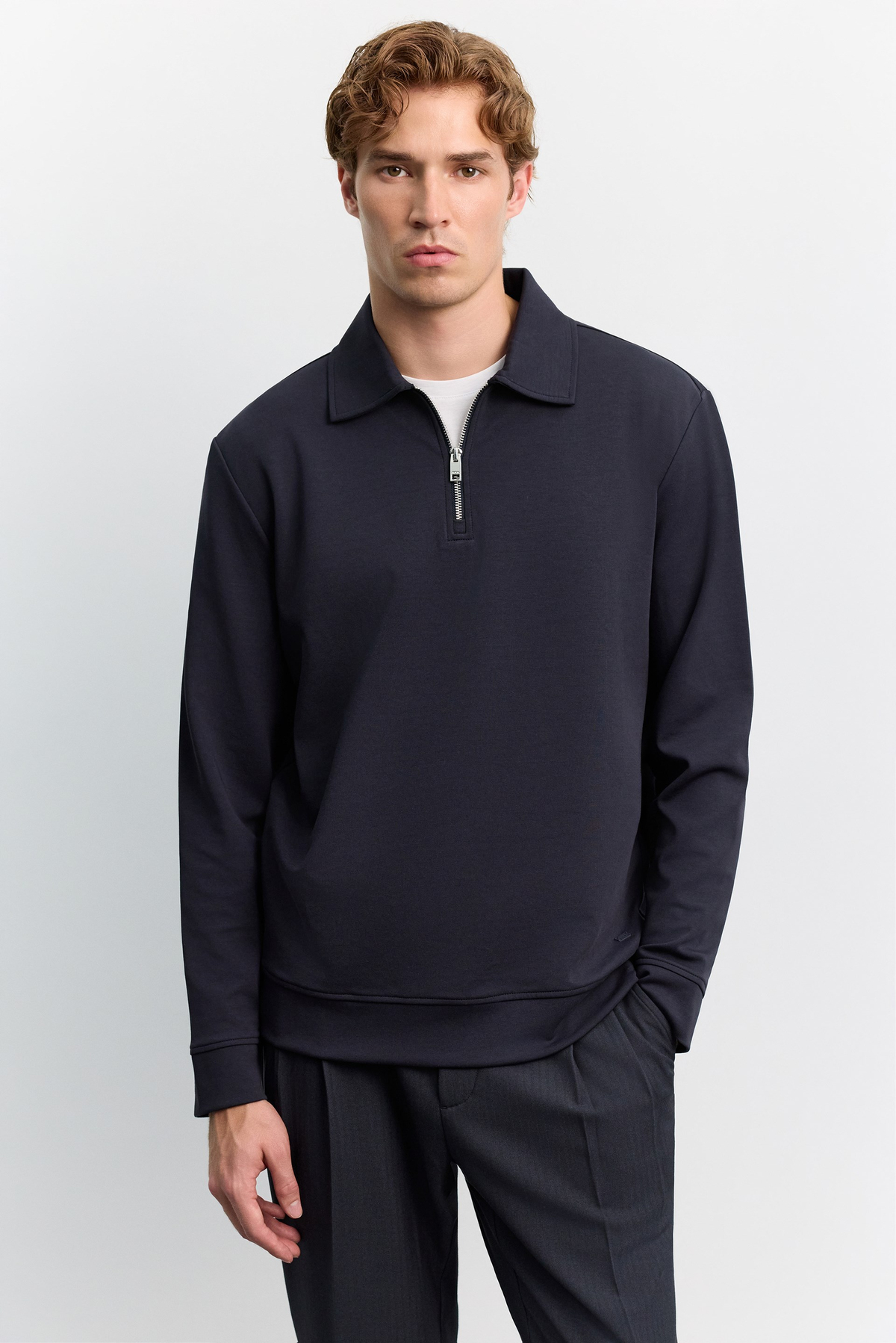 Lacivert Polo Yaka Fermuarlı İnterlok  Sweatshirt