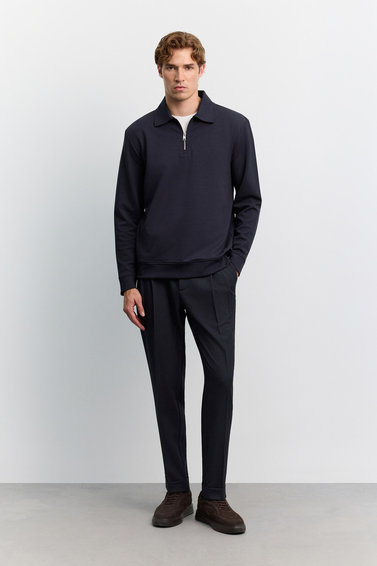 Lacivert Polo Yaka Fermuarlı İnterlok  Sweatshirt