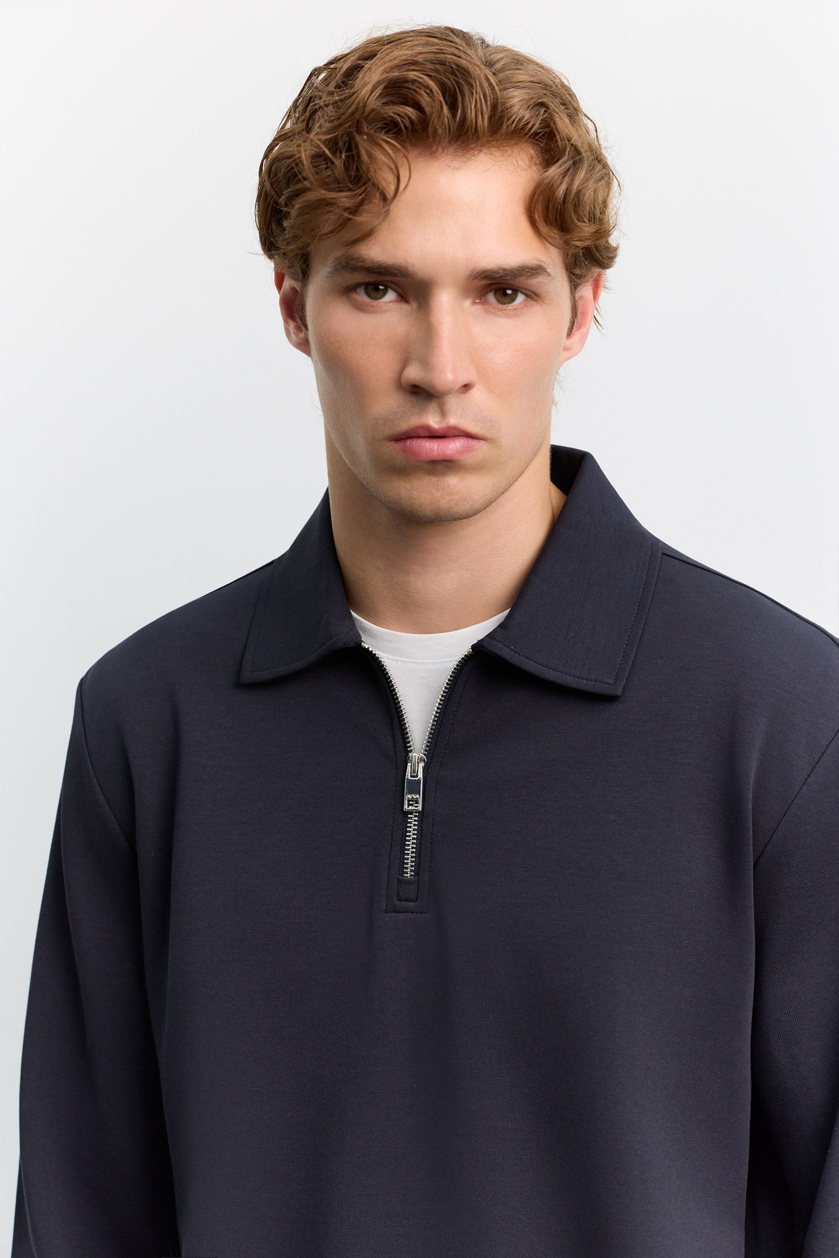 Lacivert Polo Yaka Fermuarlı İnterlok  Sweatshirt