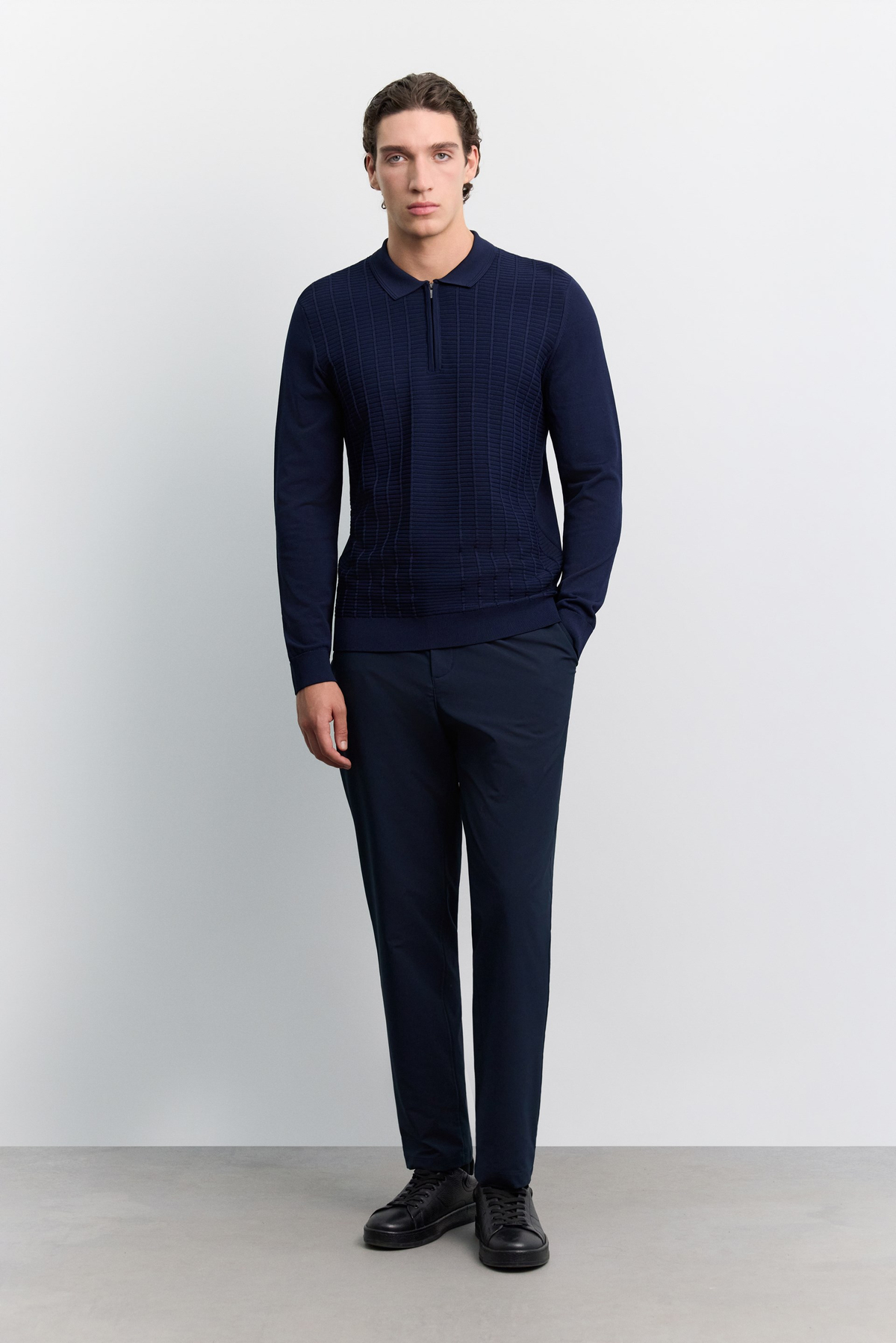 Lacivert Polo Yaka Fermuarlı Rayon Karışımlı Kazak